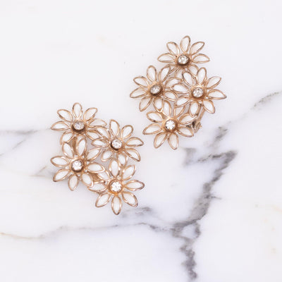 Vintage White Flower Earrings with Diamante Crystals by 1950s - Vintage Meet Modern Vintage Jewelry - Chicago, Illinois - #oldhollywoodglamour #vintagemeetmodern #designervintage #jewelrybox #antiquejewelry #vintagejewelry
