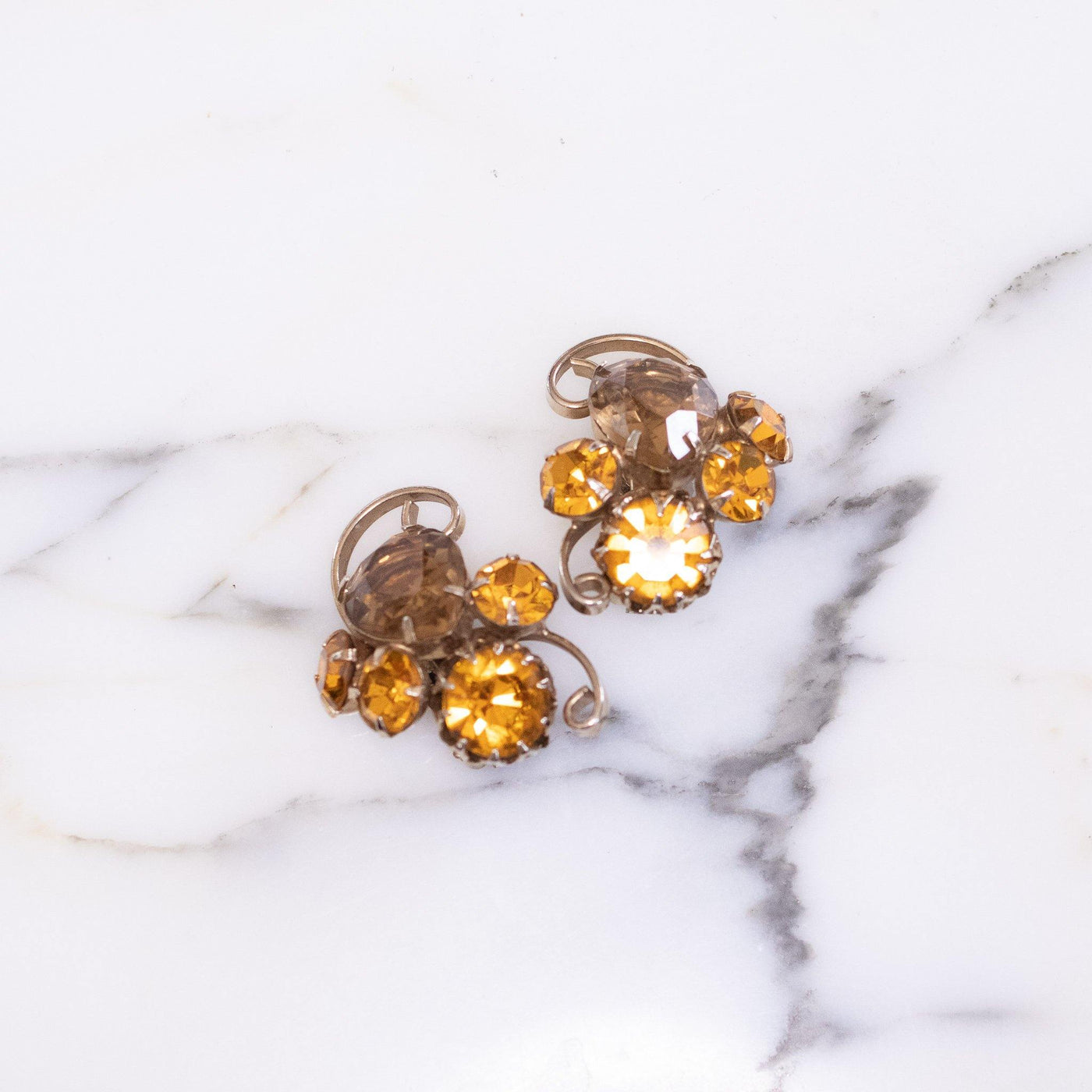 Vintage Smokey Topaz and Yellow Citrine Rhinestone Statement Earrings, Gold Tone