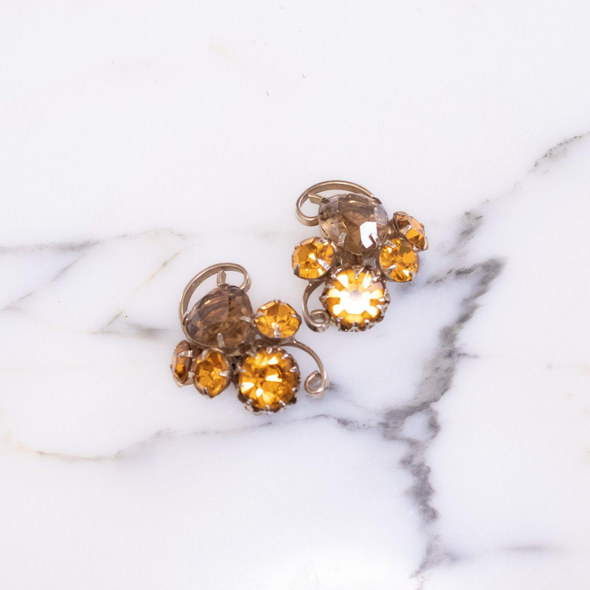 Vintage Smokey Topaz and Yellow Citrine Rhinestone Statement Earrings, Gold Tone by 1960s - Vintage Meet Modern Vintage Jewelry - Chicago, Illinois - #oldhollywoodglamour #vintagemeetmodern #designervintage #jewelrybox #antiquejewelry #vintagejewelry