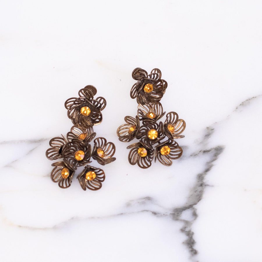 Vintage Gilt Caged Petal Flower Statement Earrings with Amber Crystal Centers by 1950s - Vintage Meet Modern Vintage Jewelry - Chicago, Illinois - #oldhollywoodglamour #vintagemeetmodern #designervintage #jewelrybox #antiquejewelry #vintagejewelry