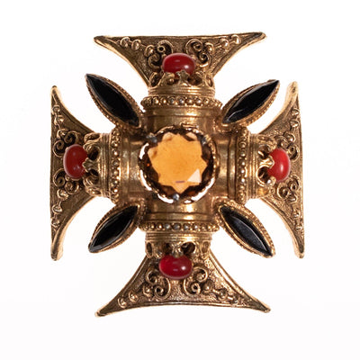 Vintage Florenza Maltese Cross Brooch/Pendant with Onyx Marquise Rhinestones, Carnelian Glass Cabochons and Smokey Crystal Crystal by Florenza - Vintage Meet Modern Vintage Jewelry - Chicago, Illinois - #oldhollywoodglamour #vintagemeetmodern #designervintage #jewelrybox #antiquejewelry #vintagejewelry