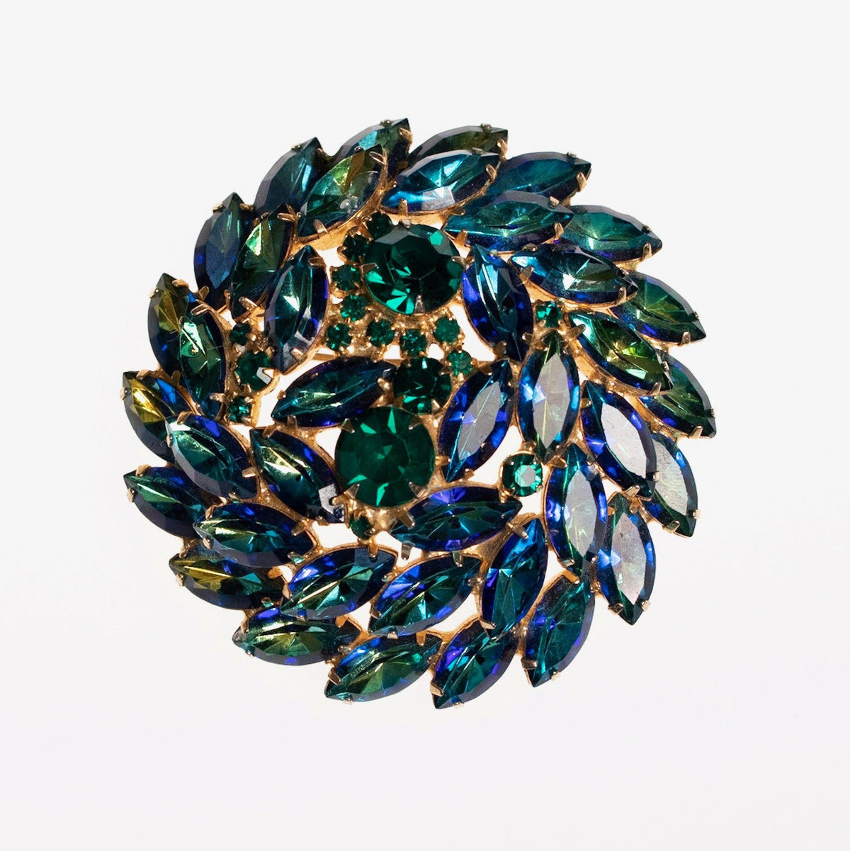 Vintage Juliana Huge Blue Green Rhinestone Medallion Brooch