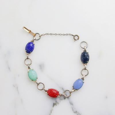 Vintage 1950s Semi-Precious Gemstone Scarab Bracelet by Vintage Meet Modern - Vintage Meet Modern Vintage Jewelry - Chicago, Illinois - #oldhollywoodglamour #vintagemeetmodern #designervintage #jewelrybox #antiquejewelry #vintagejewelry