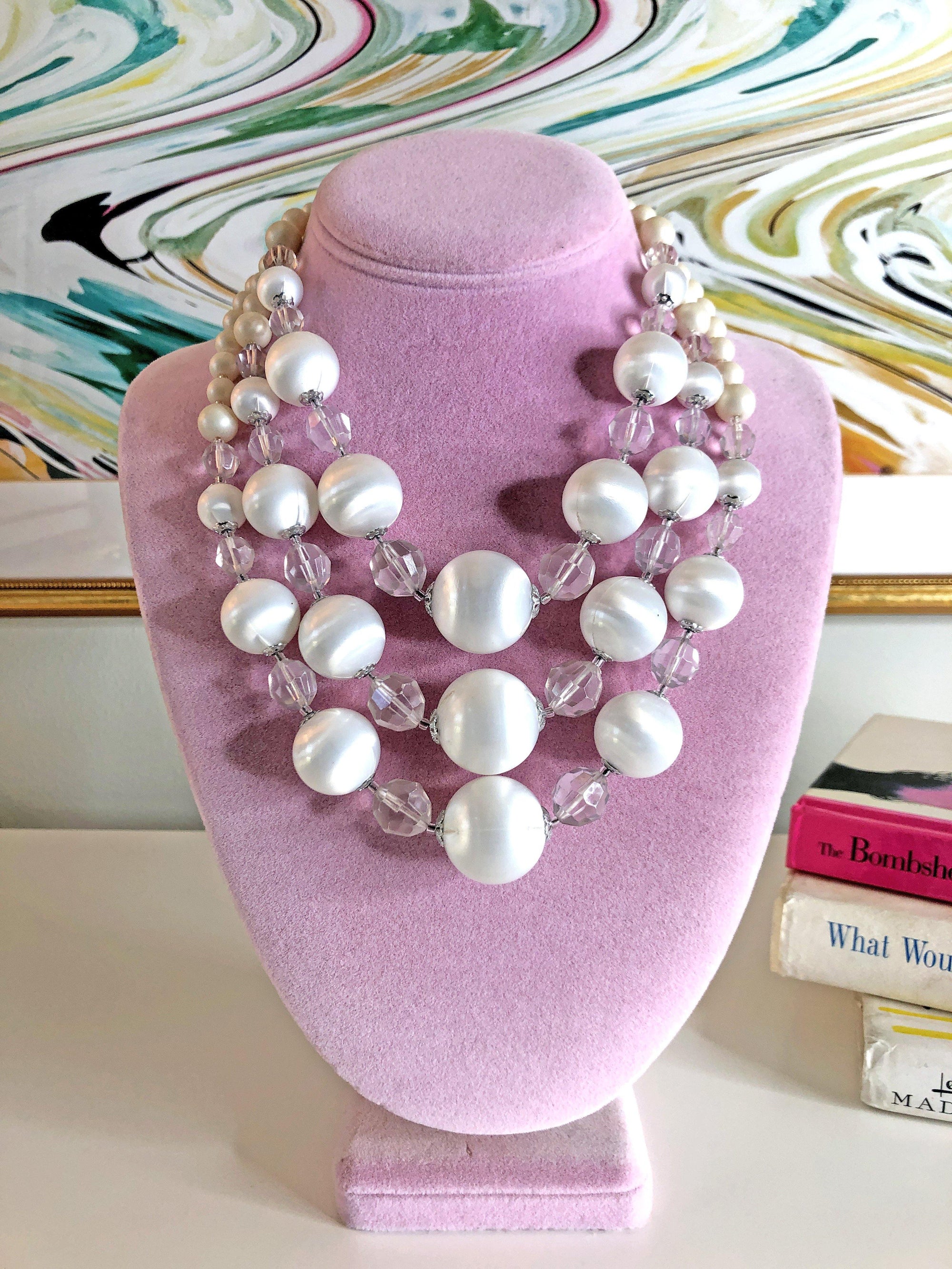 Vintage Pearl White Lucite Triple Strand Necklace by Vintage Meet Modern - Vintage Meet Modern Vintage Jewelry - Chicago, Illinois - #oldhollywoodglamour #vintagemeetmodern #designervintage #jewelrybox #antiquejewelry #vintagejewelry