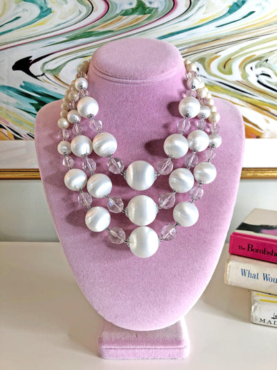 Vintage Pearl White Lucite Triple Strand Necklace by Vintage Meet Modern - Vintage Meet Modern Vintage Jewelry - Chicago, Illinois - #oldhollywoodglamour #vintagemeetmodern #designervintage #jewelrybox #antiquejewelry #vintagejewelry