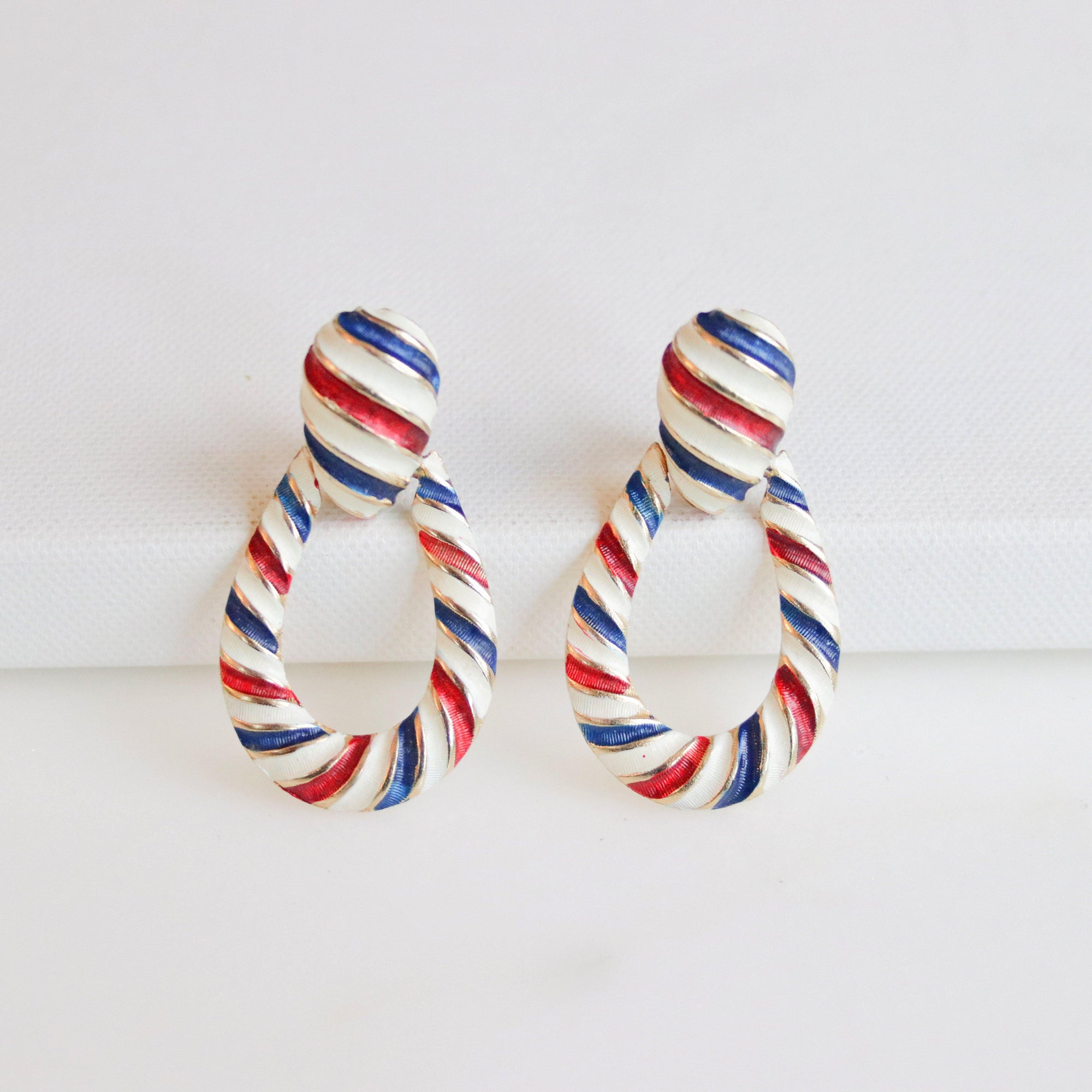 Vintage Hattie Carnegie Red, White, and Blue Doorknocker Earrings by Hattie Carnegie - Vintage Meet Modern Vintage Jewelry - Chicago, Illinois - #oldhollywoodglamour #vintagemeetmodern #designervintage #jewelrybox #antiquejewelry #vintagejewelry