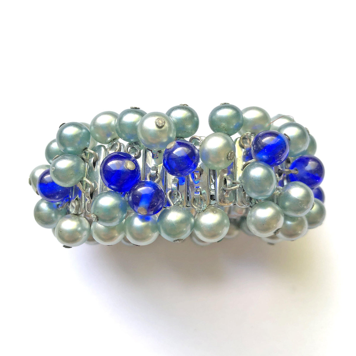 Vintage Blue Glass Bead and Gray Pearl Cha-Cha Bracelet