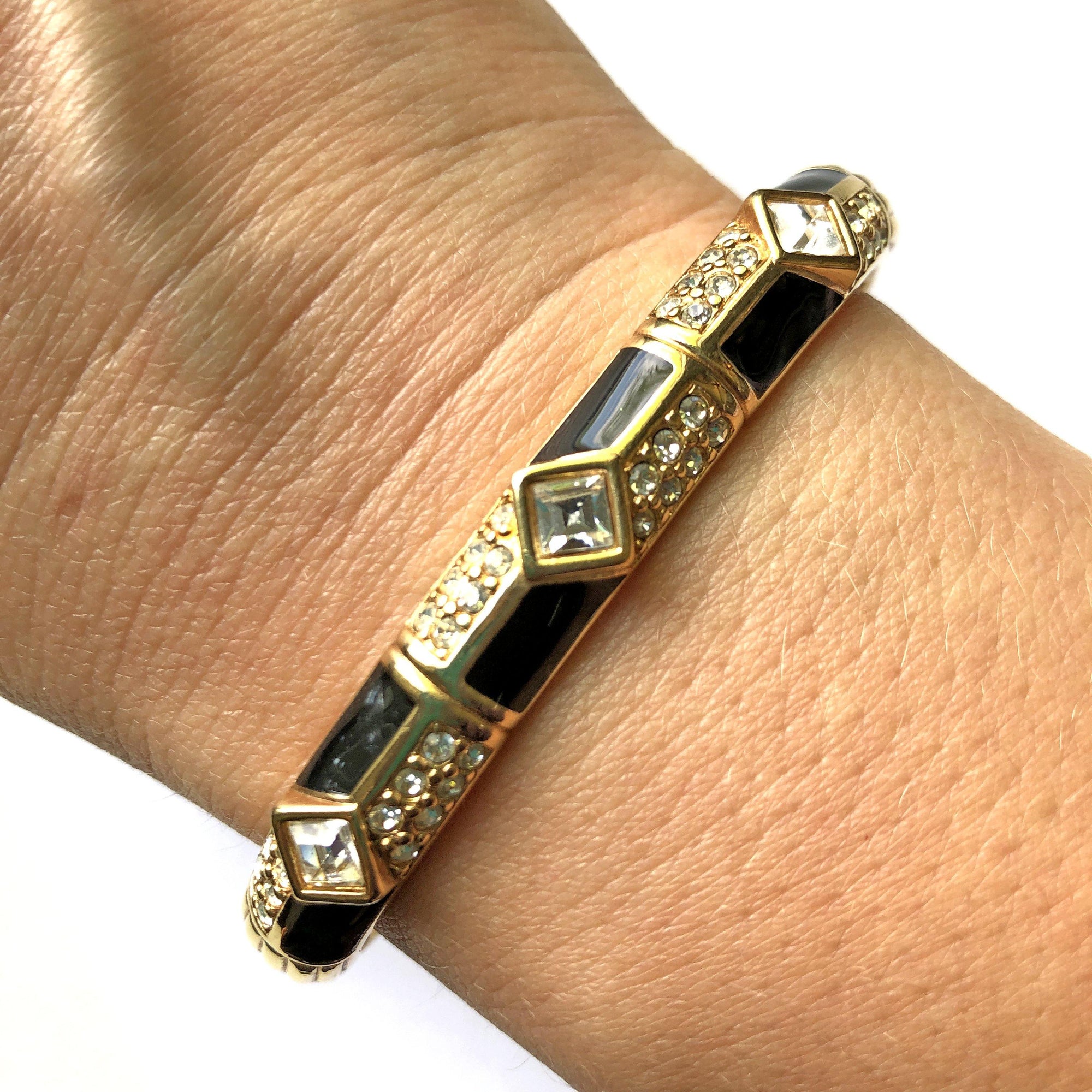 Vintage Swarovski Art Deco Black Enamel and Diamante Rhinestone Bracelet by Swarovski - Vintage Meet Modern Vintage Jewelry - Chicago, Illinois - #oldhollywoodglamour #vintagemeetmodern #designervintage #jewelrybox #antiquejewelry #vintagejewelry