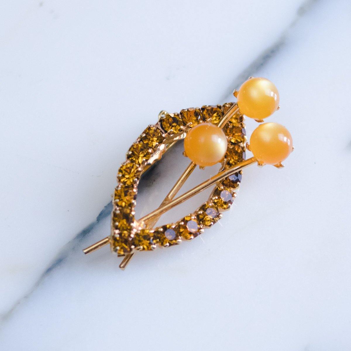 Petite Orange Moonglow Bead and Rhinestone Brooch