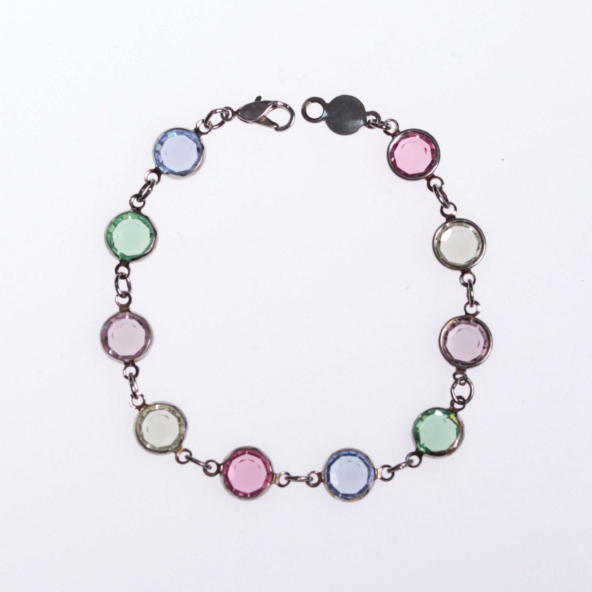 1980s Pastel Bezel Set Crystal Bracelet Made in Austria by Made in Austria - Vintage Meet Modern Vintage Jewelry - Chicago, Illinois - #oldhollywoodglamour #vintagemeetmodern #designervintage #jewelrybox #antiquejewelry #vintagejewelry
