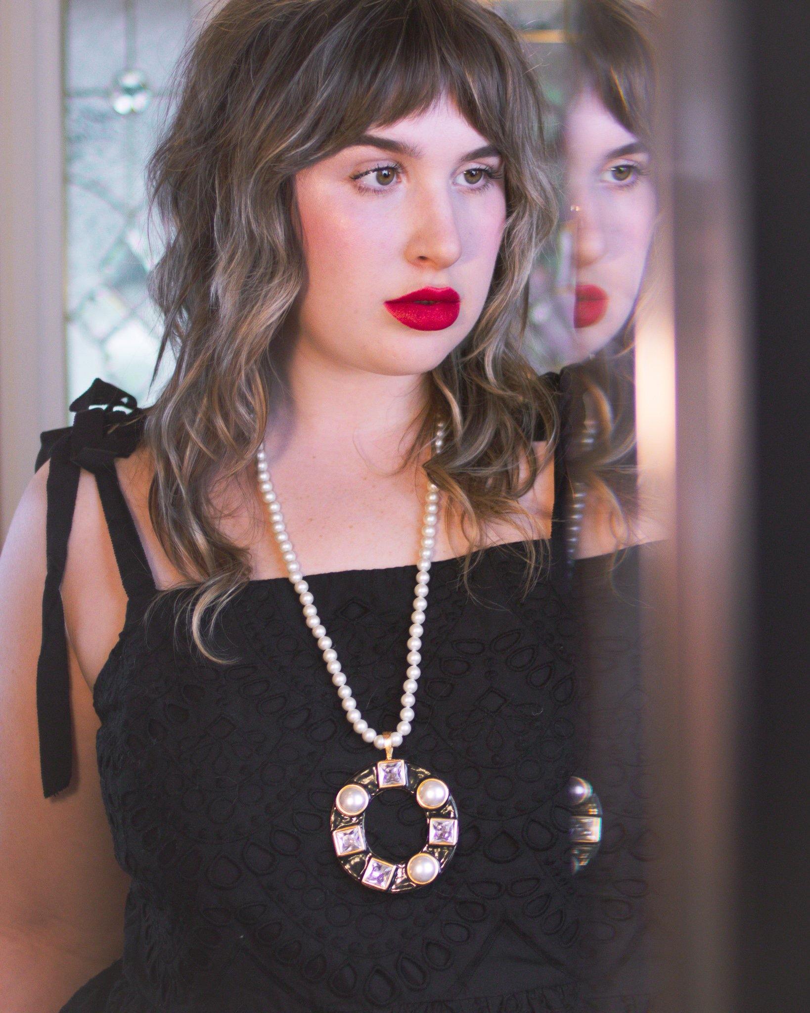 Vintage Kenneth Jay lane Pearl Diamante Crystal and Black Enamel Pendant Statement Necklace by Kenneth Jay lane - Vintage Meet Modern Vintage Jewelry - Chicago, Illinois - #oldhollywoodglamour #vintagemeetmodern #designervintage #jewelrybox #antiquejewelry #vintagejewelry