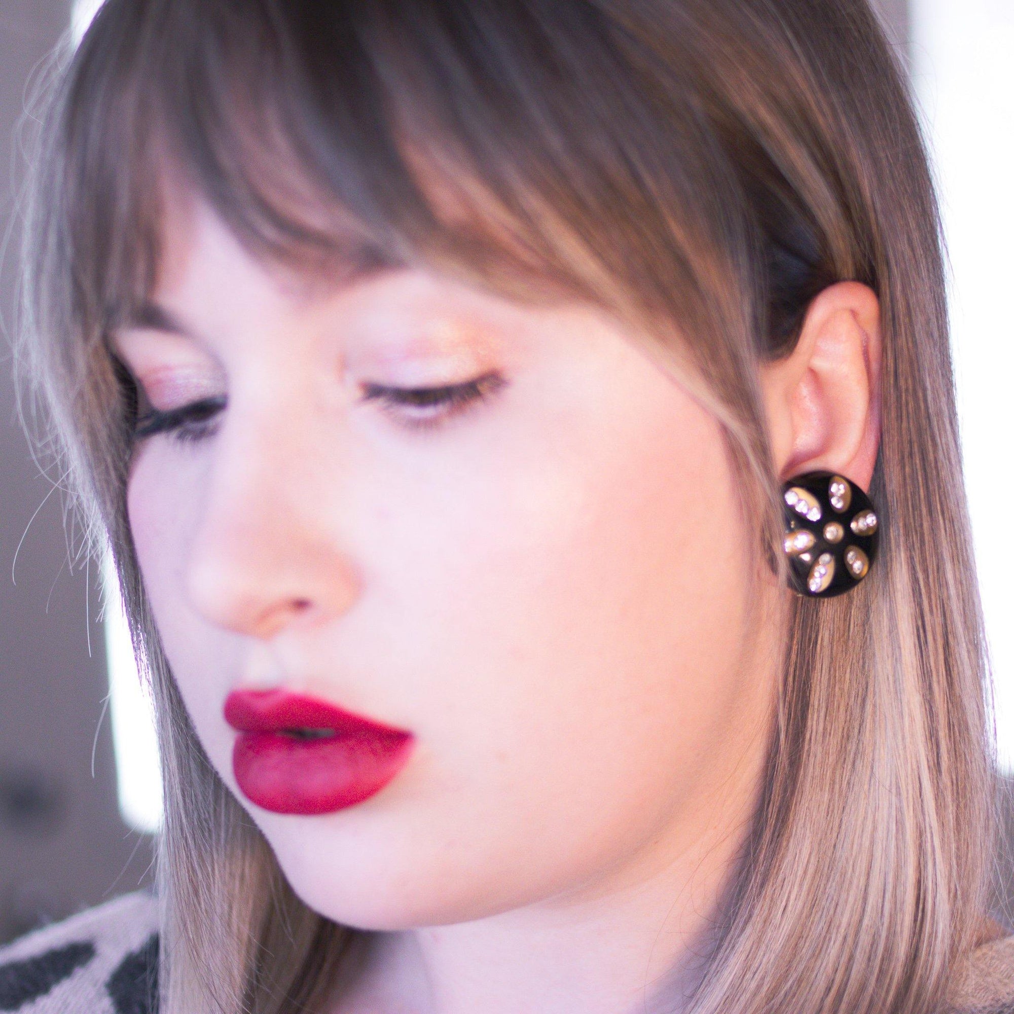 Vintage Lucite Earrings, Black and Gold Lucite, Diamante Crystals, Clip-on by 1950s - Vintage Meet Modern Vintage Jewelry - Chicago, Illinois - #oldhollywoodglamour #vintagemeetmodern #designervintage #jewelrybox #antiquejewelry #vintagejewelry