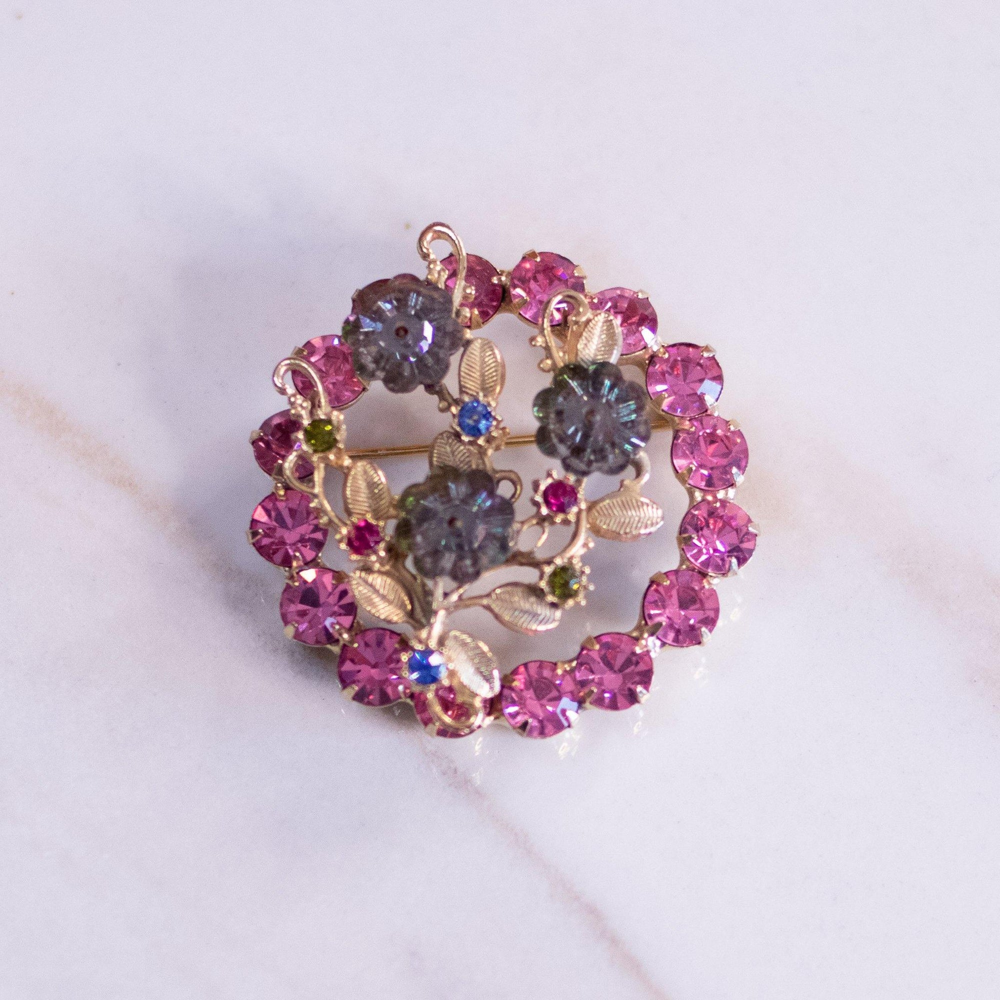 Vintage Pink Rhinestone with Smoke Gray Flower Rhinestones Brooch by Unsigned Beauty - Vintage Meet Modern Vintage Jewelry - Chicago, Illinois - #oldhollywoodglamour #vintagemeetmodern #designervintage #jewelrybox #antiquejewelry #vintagejewelry