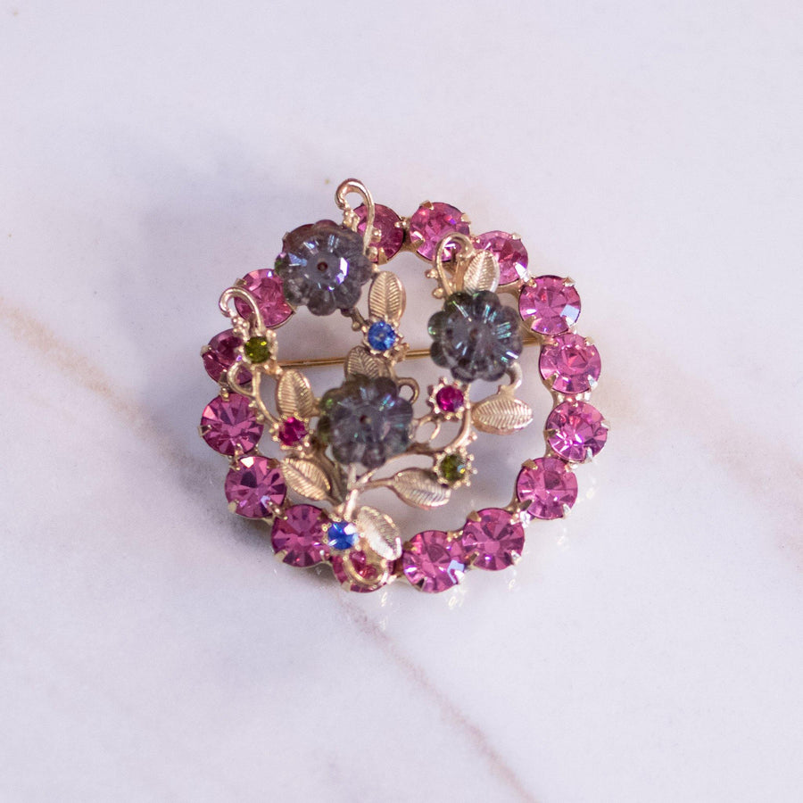 Vintage Pink Rhinestone with Smoke Gray Flower Rhinestones Brooch by Unsigned Beauty - Vintage Meet Modern Vintage Jewelry - Chicago, Illinois - #oldhollywoodglamour #vintagemeetmodern #designervintage #jewelrybox #antiquejewelry #vintagejewelry