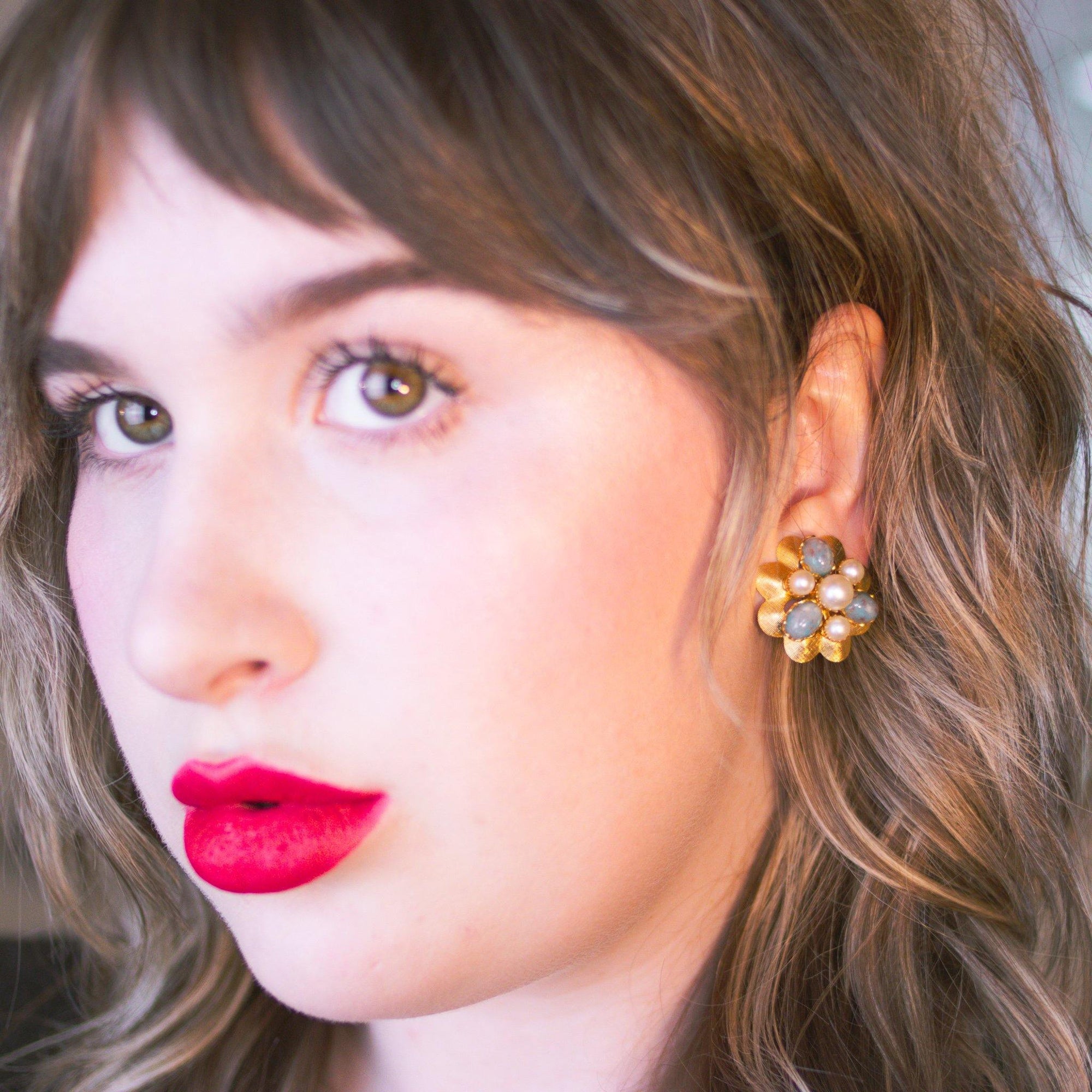 Vintage Speckled Blue and Pearl Gold Crimped Medallion Earrings by Mid Century Modern - Vintage Meet Modern Vintage Jewelry - Chicago, Illinois - #oldhollywoodglamour #vintagemeetmodern #designervintage #jewelrybox #antiquejewelry #vintagejewelry