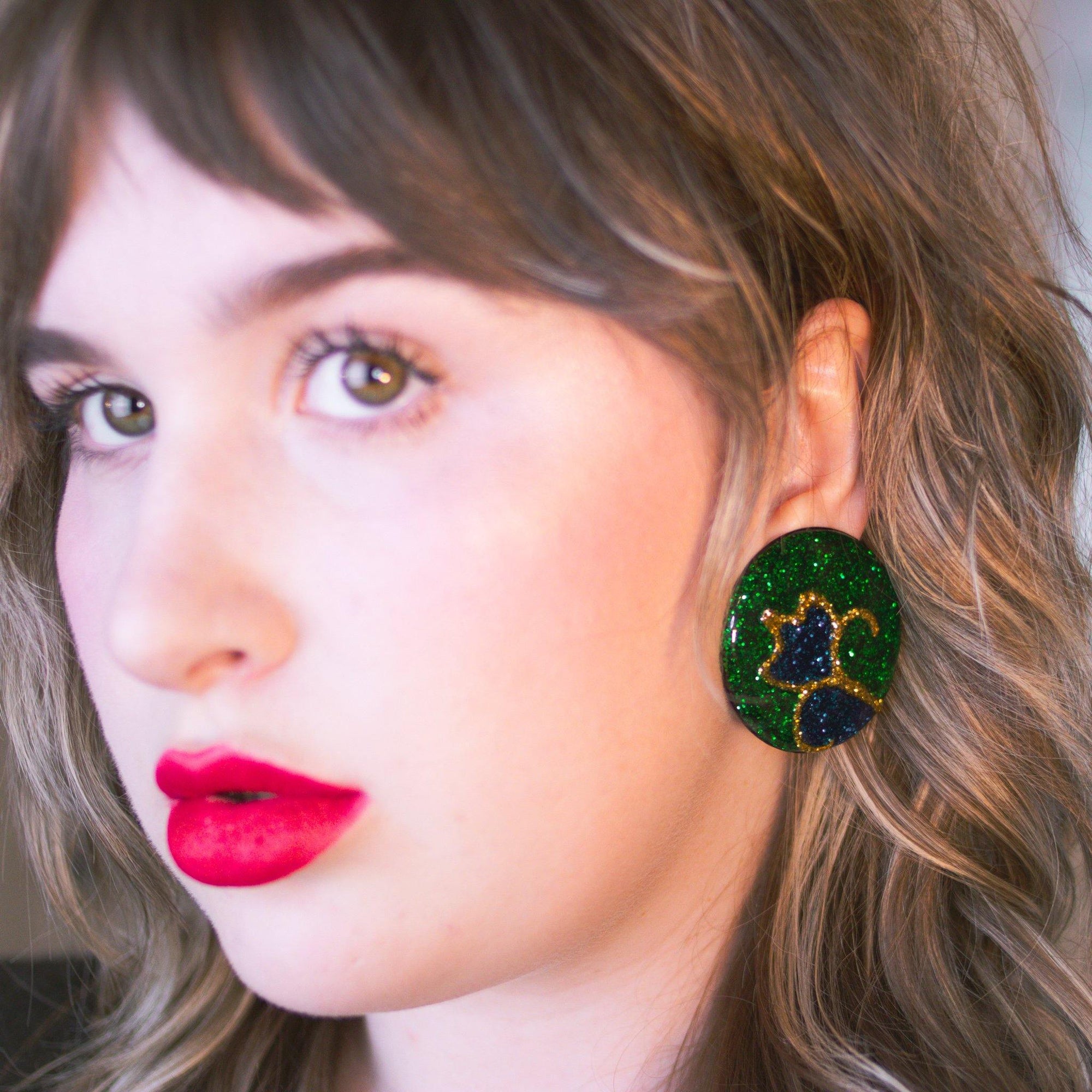 Vintage Statement Earrings, Green, Gold, and Blue Glitter Lucite, Clip-on by 1980s - Vintage Meet Modern Vintage Jewelry - Chicago, Illinois - #oldhollywoodglamour #vintagemeetmodern #designervintage #jewelrybox #antiquejewelry #vintagejewelry