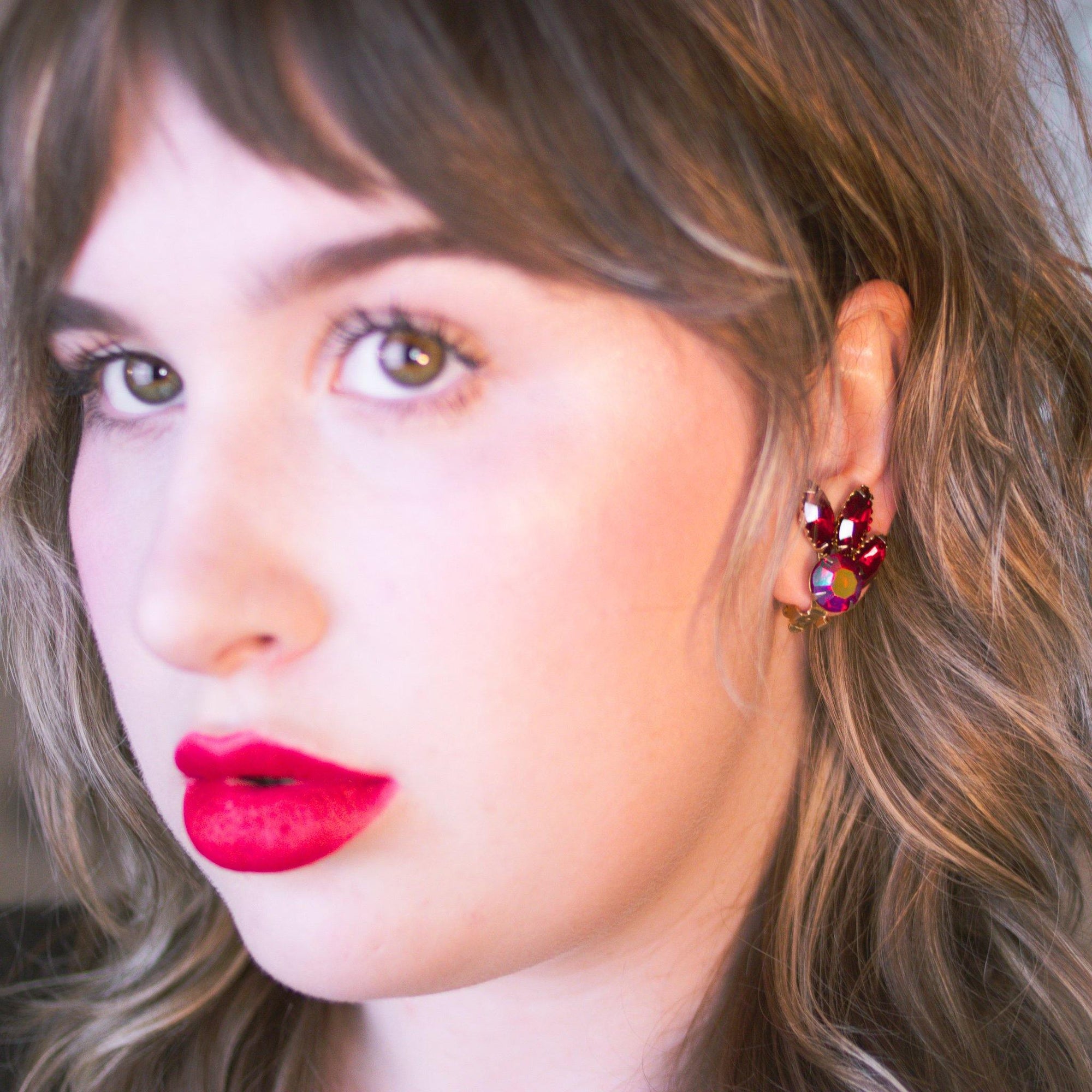 Vintage Red Aurora Borealis Statement Earrings by Vintage Meet Modern - Vintage Meet Modern Vintage Jewelry - Chicago, Illinois - #oldhollywoodglamour #vintagemeetmodern #designervintage #jewelrybox #antiquejewelry #vintagejewelry