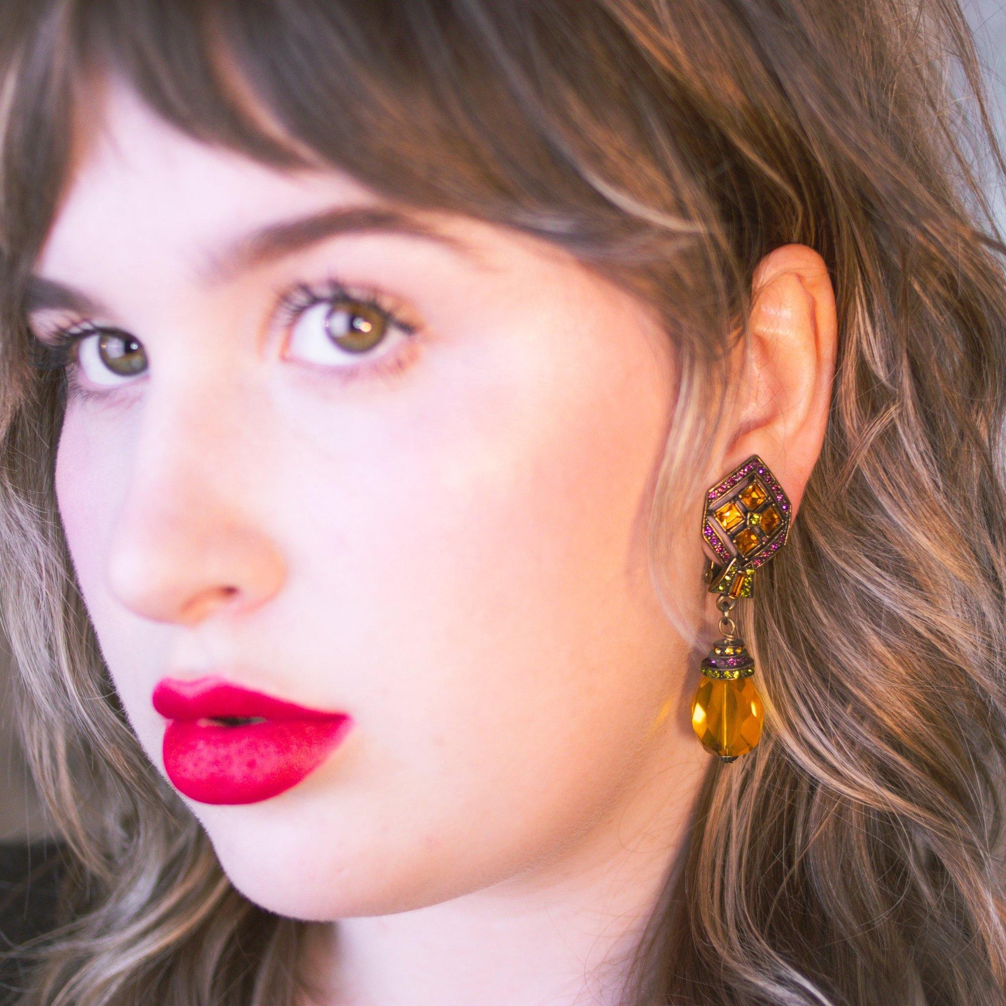 Vintage Heidi Daus Art Deco Style Citrine Crystal Drop Earrings with Amethyst, and Peridot Crystal Accents, Clip On by Heidi Daus - Vintage Meet Modern Vintage Jewelry - Chicago, Illinois - #oldhollywoodglamour #vintagemeetmodern #designervintage #jewelrybox #antiquejewelry #vintagejewelry