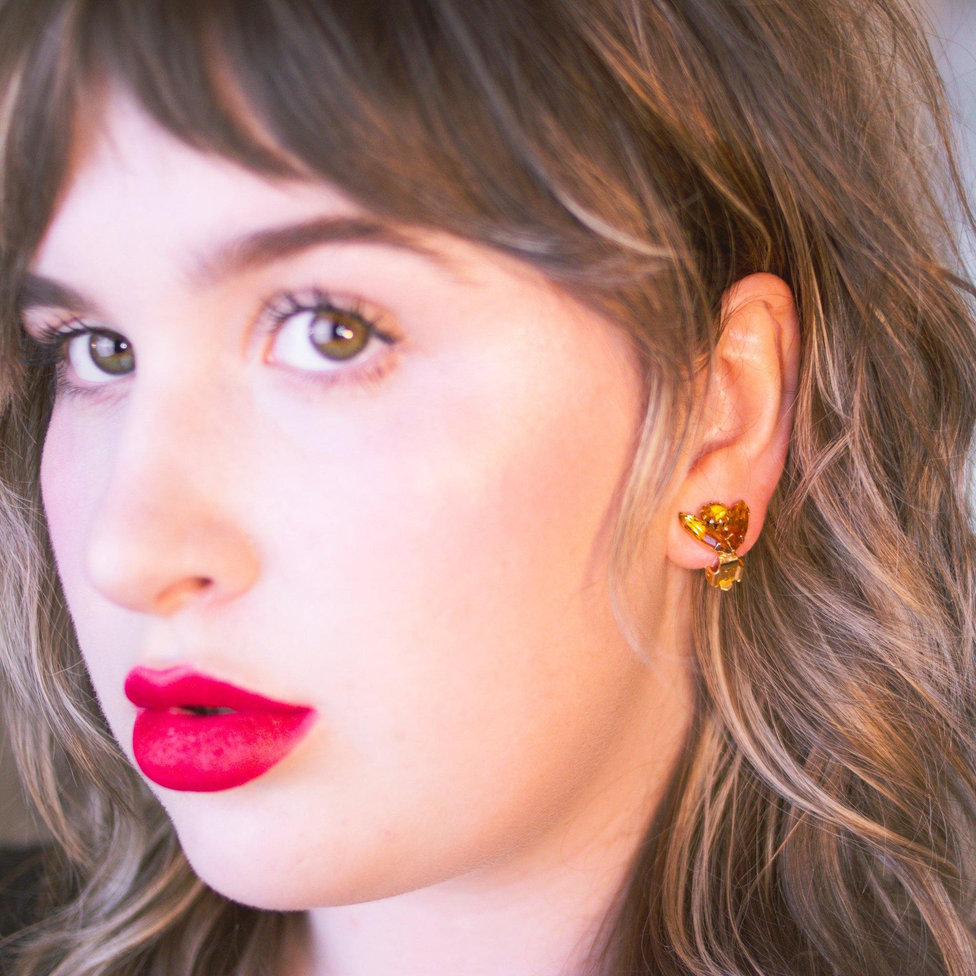 Vintage Petite Gold Rhinestone Earrings, Gold Tone Setting, Clip-on by 1950s - Vintage Meet Modern Vintage Jewelry - Chicago, Illinois - #oldhollywoodglamour #vintagemeetmodern #designervintage #jewelrybox #antiquejewelry #vintagejewelry