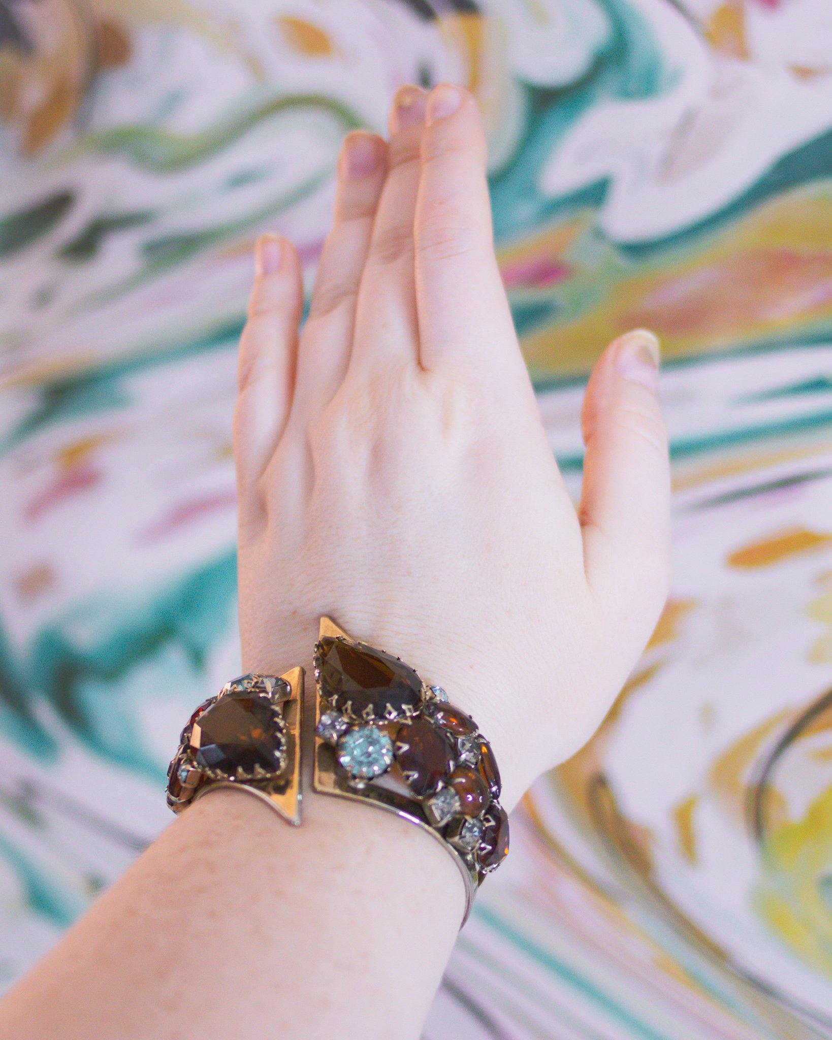 Vintage Retro Clamper Rhinestones with Smokey Crystals, Blue and Amber Rhinestones by Vintage Meet Modern - Vintage Meet Modern Vintage Jewelry - Chicago, Illinois - #oldhollywoodglamour #vintagemeetmodern #designervintage #jewelrybox #antiquejewelry #vintagejewelry