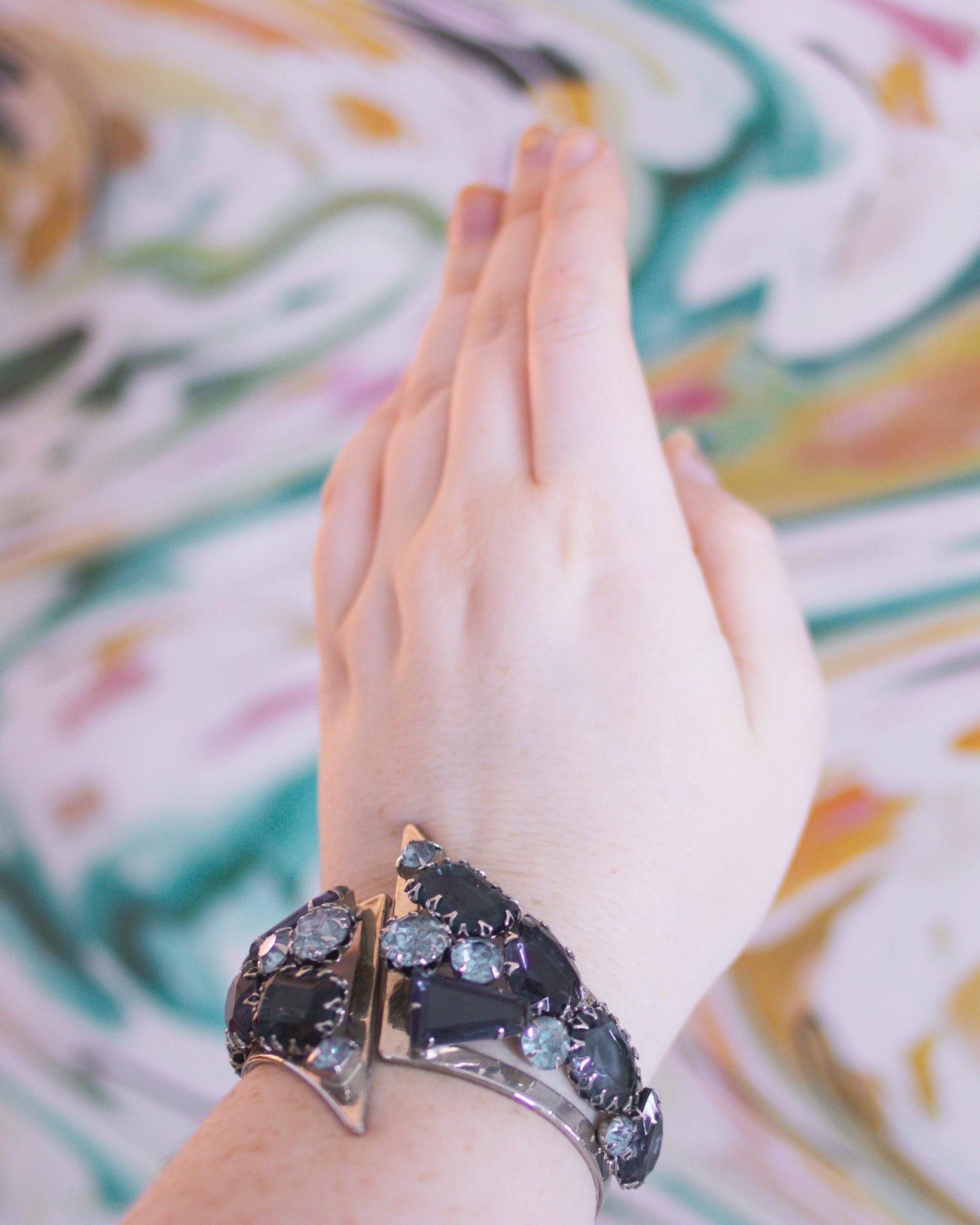 Vintage Retro Clamper Bracelet with Blue Rhinestones by Vintage Meet Modern - Vintage Meet Modern Vintage Jewelry - Chicago, Illinois - #oldhollywoodglamour #vintagemeetmodern #designervintage #jewelrybox #antiquejewelry #vintagejewelry