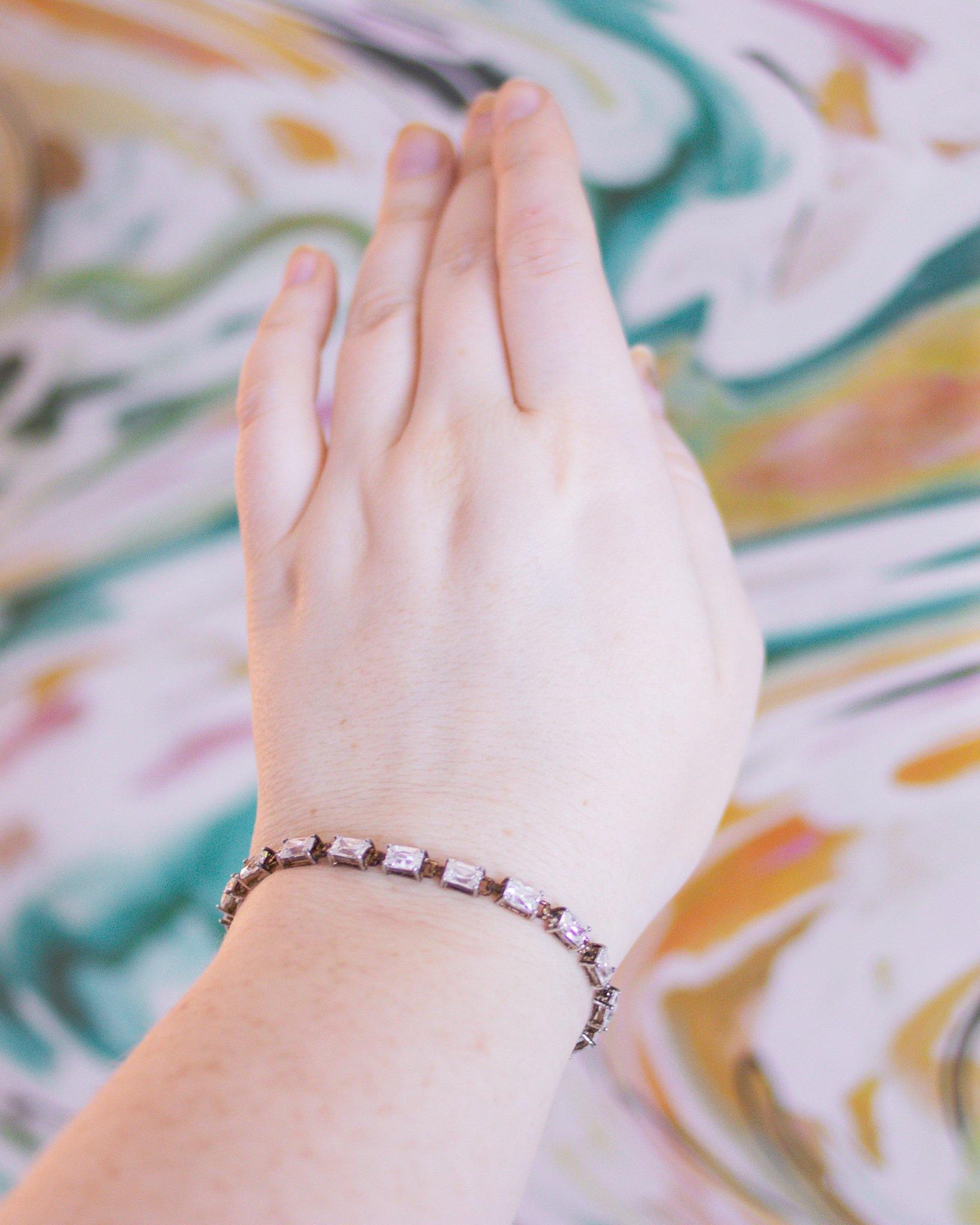 Vintage Emerald Cut CZ Tennis Bracelet Set in Sterling Silver by 1980s - Vintage Meet Modern Vintage Jewelry - Chicago, Illinois - #oldhollywoodglamour #vintagemeetmodern #designervintage #jewelrybox #antiquejewelry #vintagejewelry