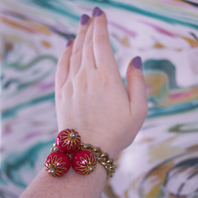 Vintage Cherry Red Oversized Bauble Bead Charm Bracelet by Vintage Meet Modern  - Vintage Meet Modern Vintage Jewelry - Chicago, Illinois - #oldhollywoodglamour #vintagemeetmodern #designervintage #jewelrybox #antiquejewelry #vintagejewelry