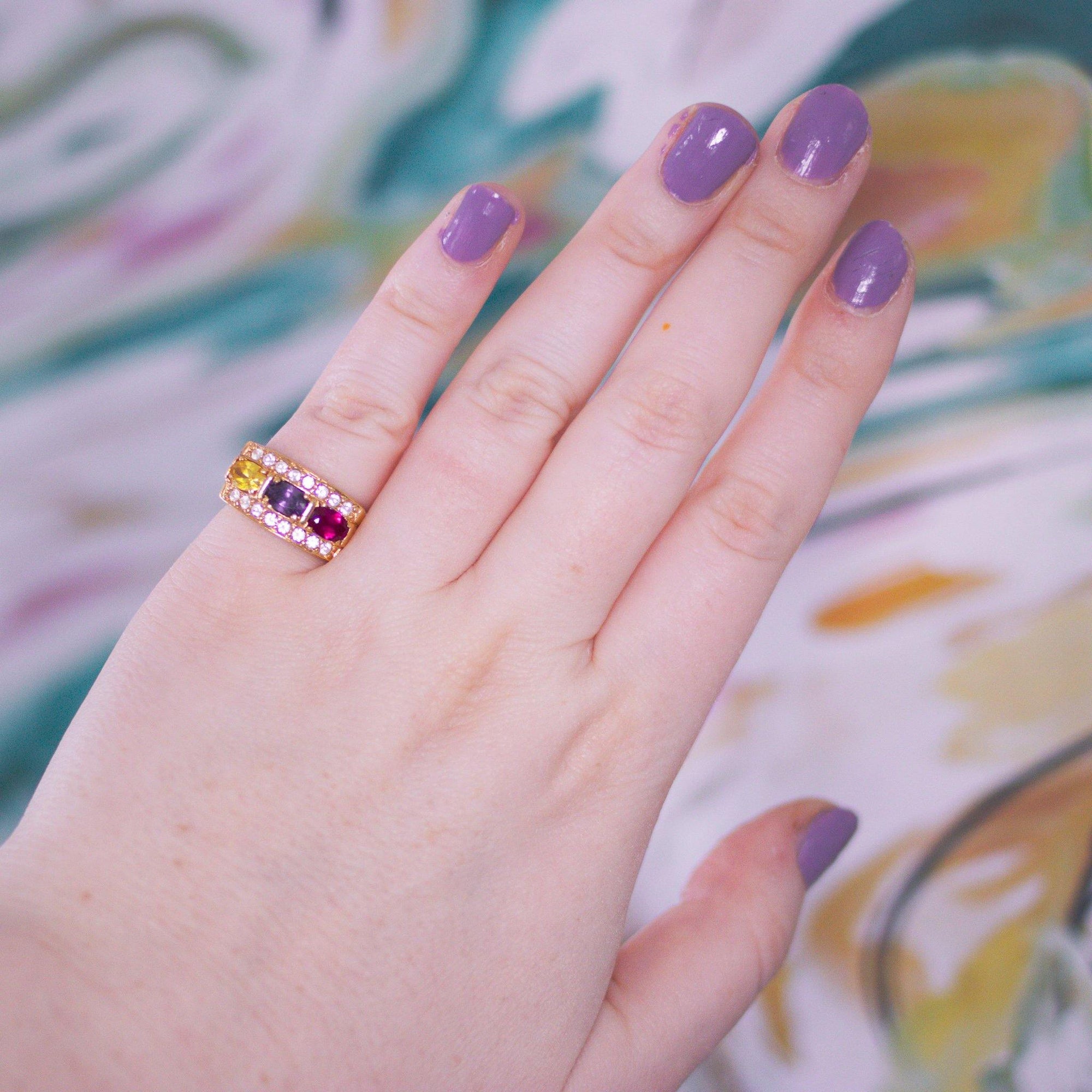 Vintage 1980s Gold Band Ring with Pink, Amethyst, and Yellow CZs by Vintage Meet Modern - Vintage Meet Modern Vintage Jewelry - Chicago, Illinois - #oldhollywoodglamour #vintagemeetmodern #designervintage #jewelrybox #antiquejewelry #vintagejewelry