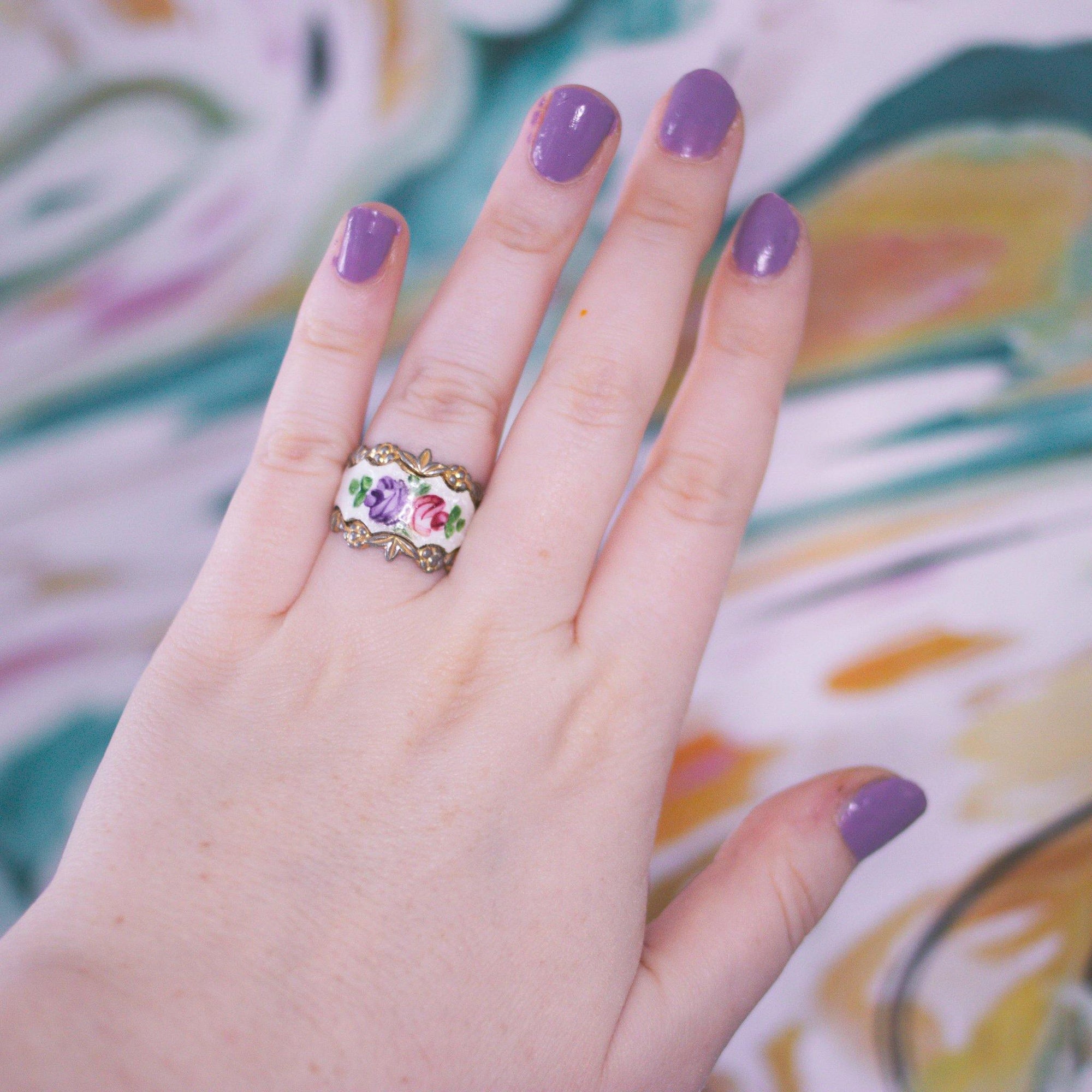 Vintage 1950s Pink and Purple Painted Roses on Enamel Wide Band Ring by Vintage Meet Modern - Vintage Meet Modern Vintage Jewelry - Chicago, Illinois - #oldhollywoodglamour #vintagemeetmodern #designervintage #jewelrybox #antiquejewelry #vintagejewelry