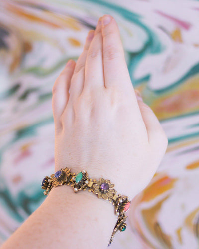 Vintage Victorian Revival Bracelet with Colorful Lucite Stones and Rhinestones Blue, Green, Coral, Purple, Opaline, Faux Coral, Faux Jade by Vintage Meet Modern - Vintage Meet Modern Vintage Jewelry - Chicago, Illinois - #oldhollywoodglamour #vintagemeetmodern #designervintage #jewelrybox #antiquejewelry #vintagejewelry
