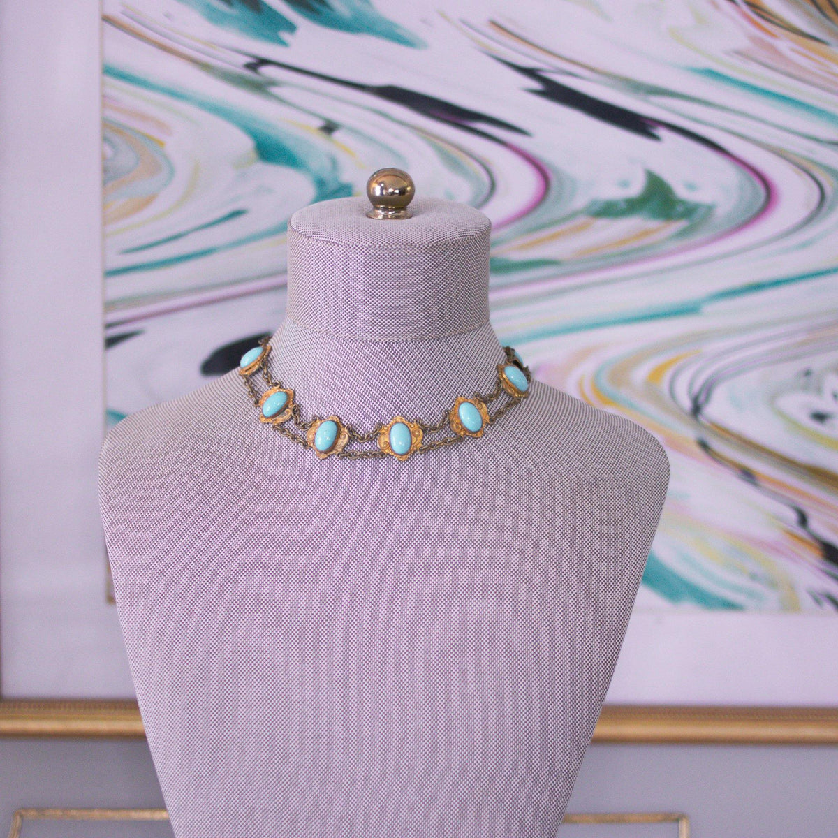 Vintage Turquoise Glass Gilt Choker Necklace