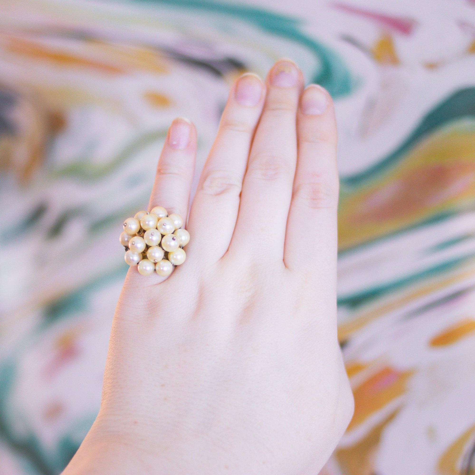 Vintage 1960s Pearl Cha Cha Ring by Vintage Meet Modern - Vintage Meet Modern Vintage Jewelry - Chicago, Illinois - #oldhollywoodglamour #vintagemeetmodern #designervintage #jewelrybox #antiquejewelry #vintagejewelry
