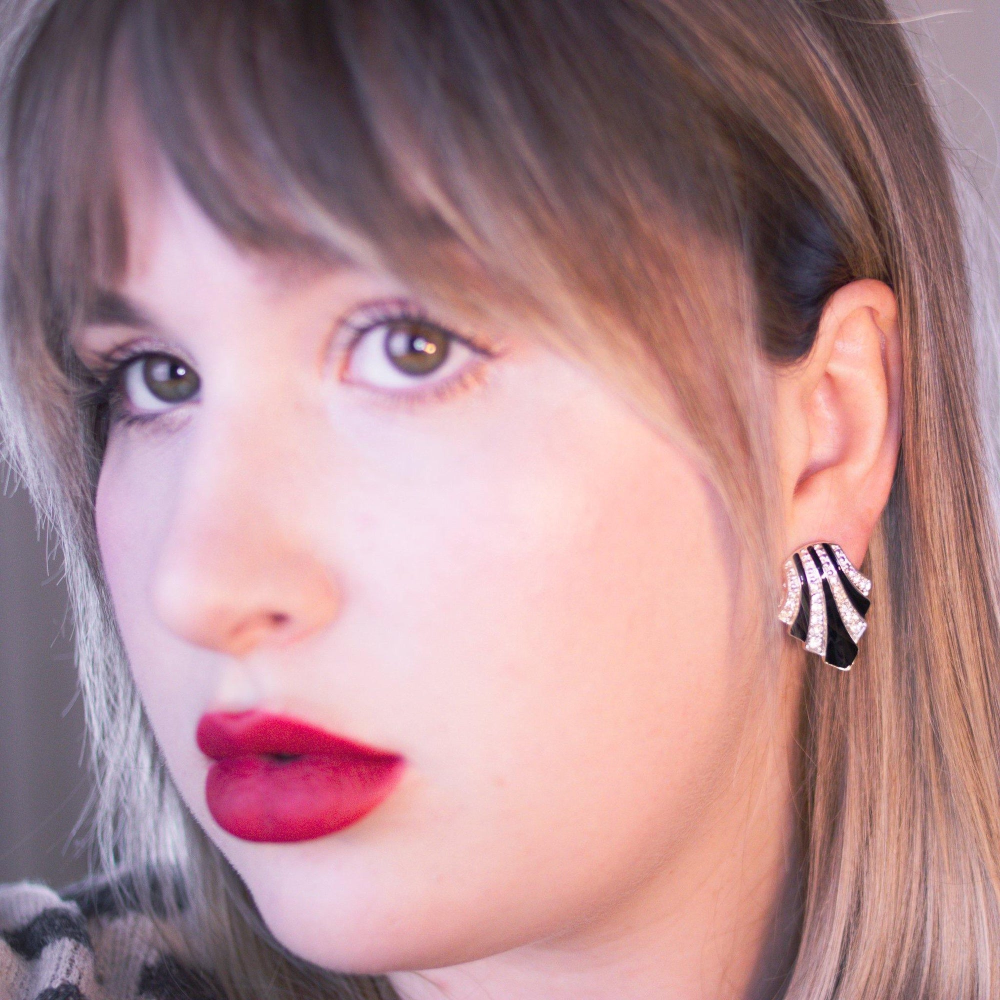 Vintage Avon Art Deco Diamante and Black Enamel Fan Earrings by Vintage Meet Modern - Vintage Meet Modern Vintage Jewelry - Chicago, Illinois - #oldhollywoodglamour #vintagemeetmodern #designervintage #jewelrybox #antiquejewelry #vintagejewelry