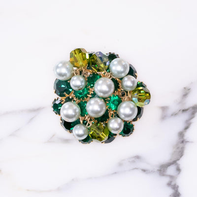 Vintage Shade of Green Rhinestone Brooch with Gray Cha Cha Pearl by Juliana - Vintage Meet Modern Vintage Jewelry - Chicago, Illinois - #oldhollywoodglamour #vintagemeetmodern #designervintage #jewelrybox #antiquejewelry #vintagejewelry
