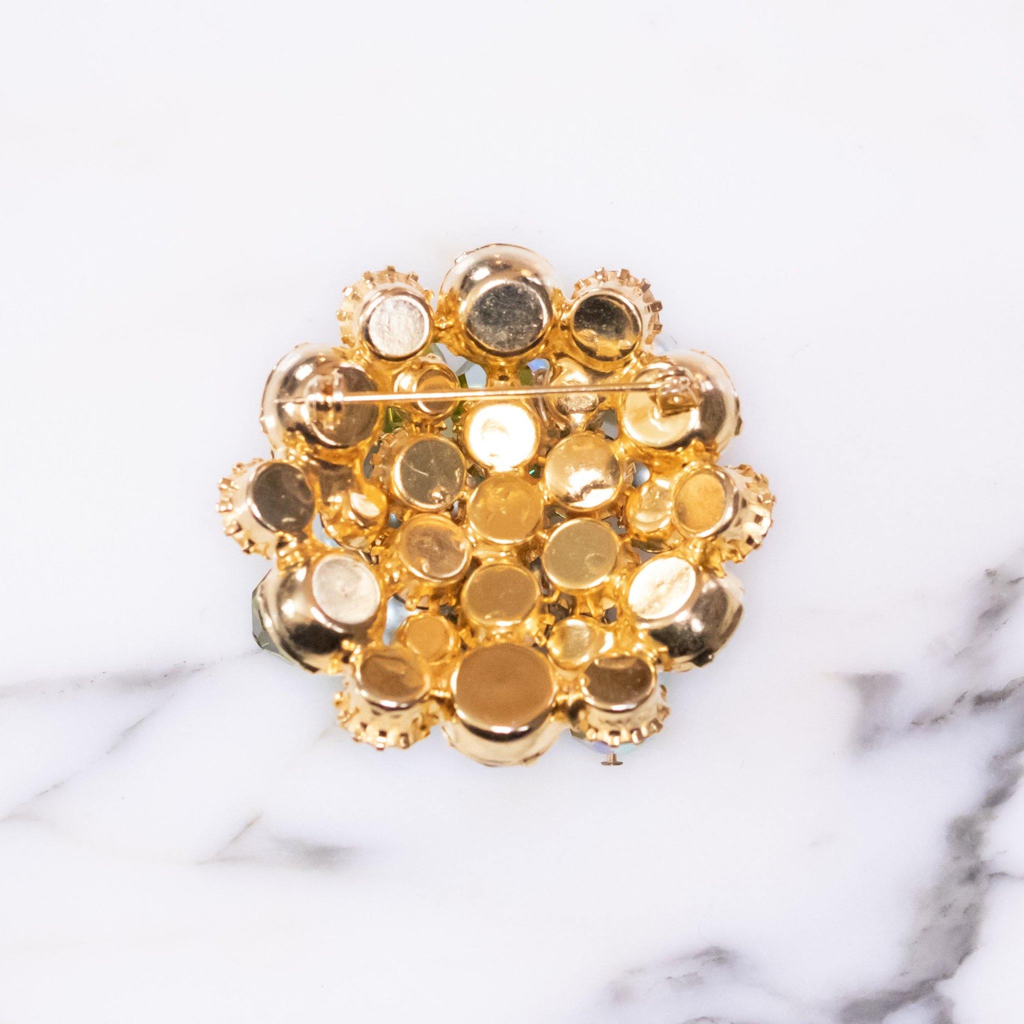 Vintage Shade of Green Rhinestone Brooch with Gray Cha Cha Pearl by Juliana - Vintage Meet Modern Vintage Jewelry - Chicago, Illinois - #oldhollywoodglamour #vintagemeetmodern #designervintage #jewelrybox #antiquejewelry #vintagejewelry