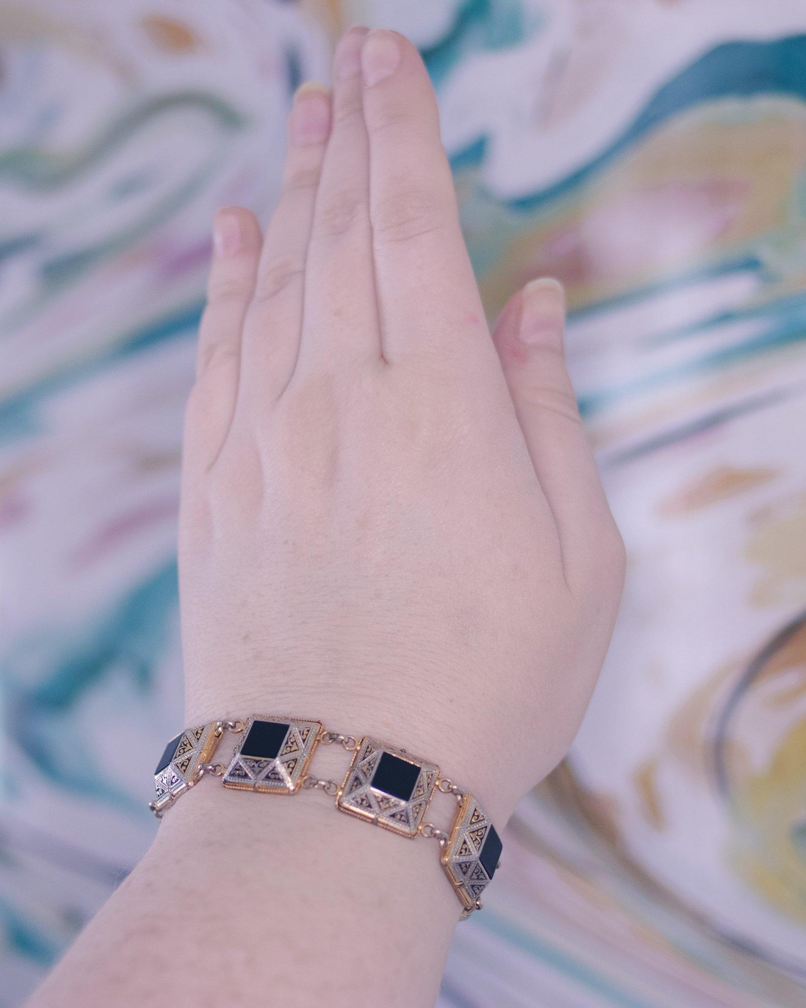 Vintage Black Enamel and Spanish Silver and Gold Damascene Square Link Bracelet by Damascene - Vintage Meet Modern Vintage Jewelry - Chicago, Illinois - #oldhollywoodglamour #vintagemeetmodern #designervintage #jewelrybox #antiquejewelry #vintagejewelry