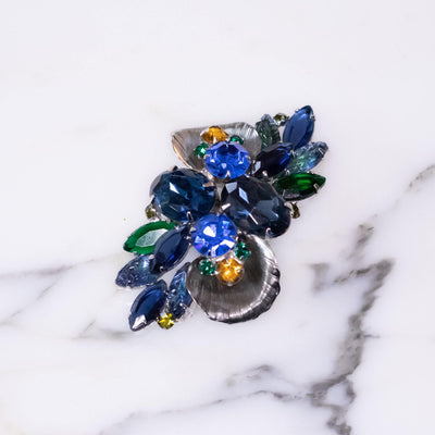 Vintage Juliana Brooch with Blue, Citrine, and Emerald Green Rhinestones set in Silver Tone by Vintage Meet Modern  - Vintage Meet Modern Vintage Jewelry - Chicago, Illinois - #oldhollywoodglamour #vintagemeetmodern #designervintage #jewelrybox #antiquejewelry #vintagejewelry
