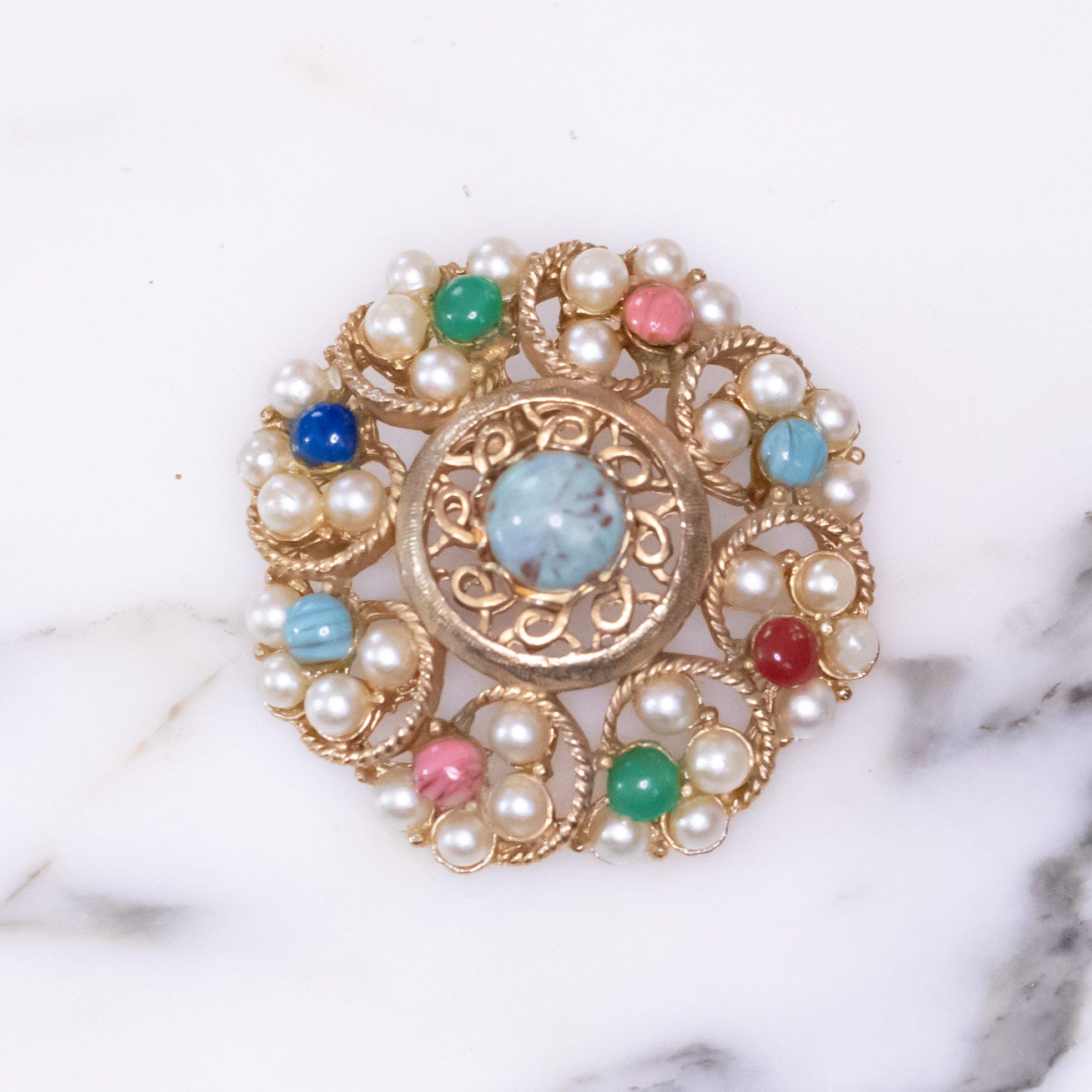 Vintage Victorian Revival Medallion Brooch/Pendant with Faux Pearls and Lucite Beads in Lapis, Jade, Carnelian, Rose Pink, and Turquoise by Vintage Meet Modern - Vintage Meet Modern Vintage Jewelry - Chicago, Illinois - #oldhollywoodglamour #vintagemeetmodern #designervintage #jewelrybox #antiquejewelry #vintagejewelry