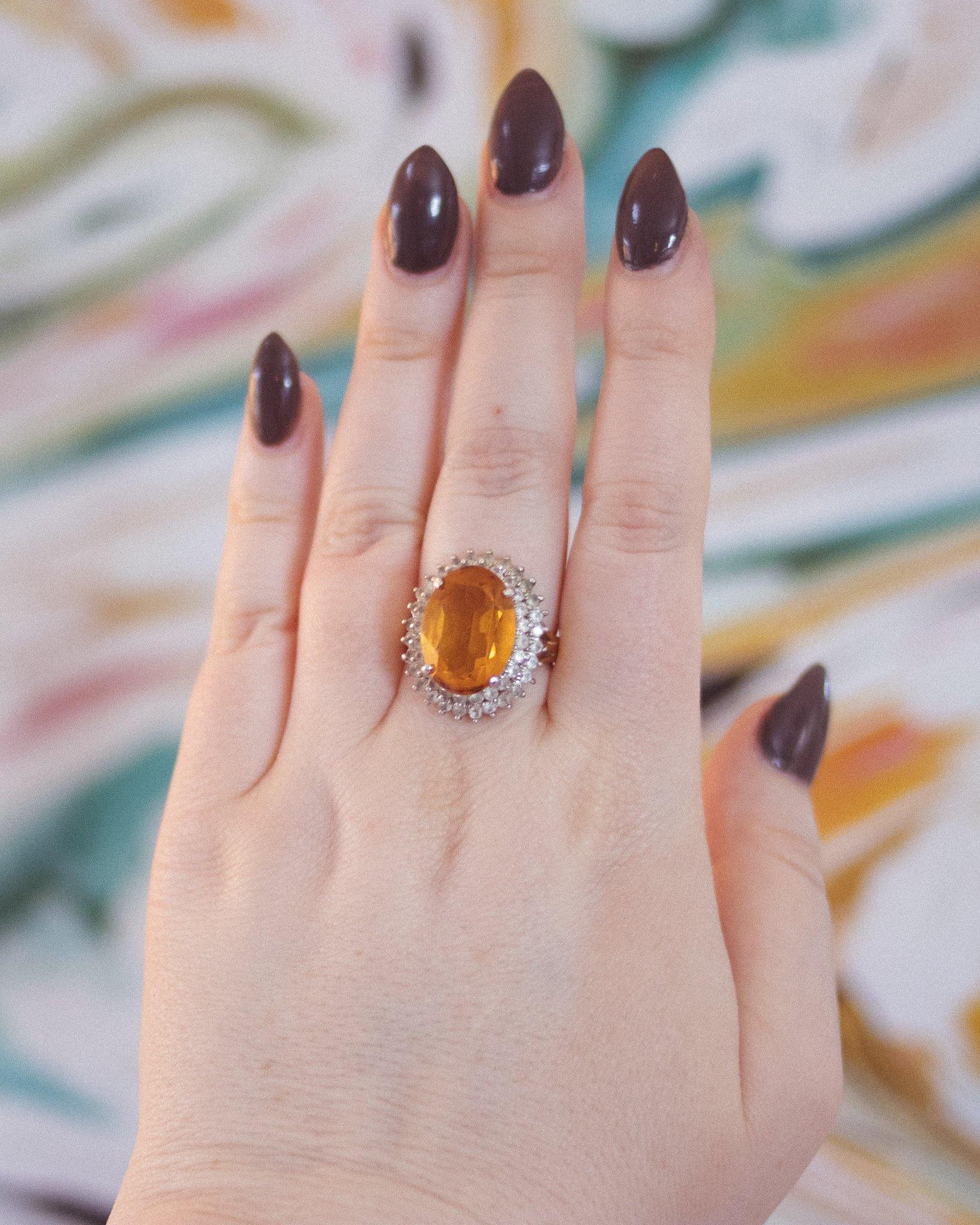 Vintage 1980s Citrine Crystal Statement Ring with Princess Halo Setting by 1980s - Vintage Meet Modern Vintage Jewelry - Chicago, Illinois - #oldhollywoodglamour #vintagemeetmodern #designervintage #jewelrybox #antiquejewelry #vintagejewelry