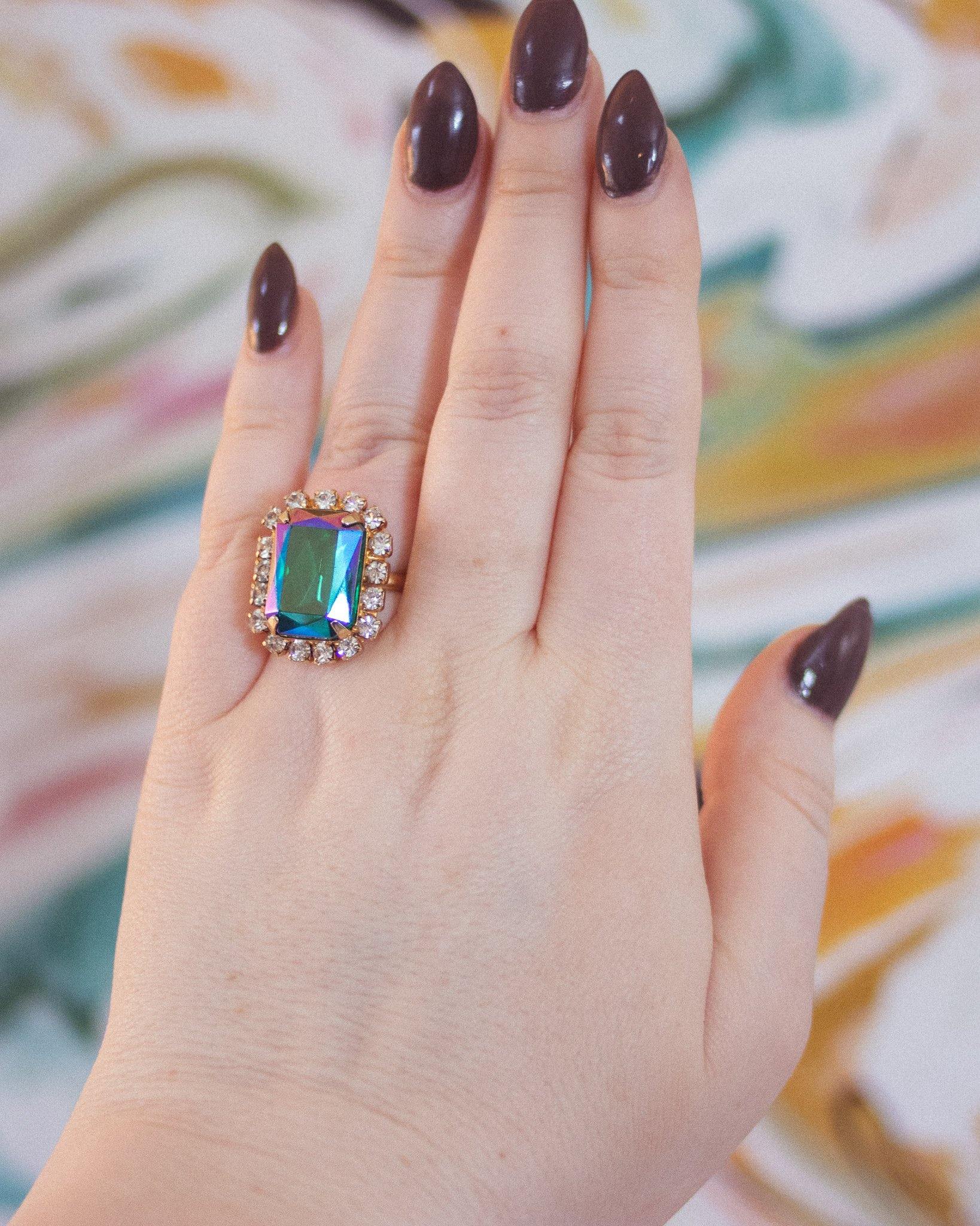 Vintage Aqua Aurora Borealis and Rhinestone Statement Ring by Unsigned Beauty - Vintage Meet Modern Vintage Jewelry - Chicago, Illinois - #oldhollywoodglamour #vintagemeetmodern #designervintage #jewelrybox #antiquejewelry #vintagejewelry
