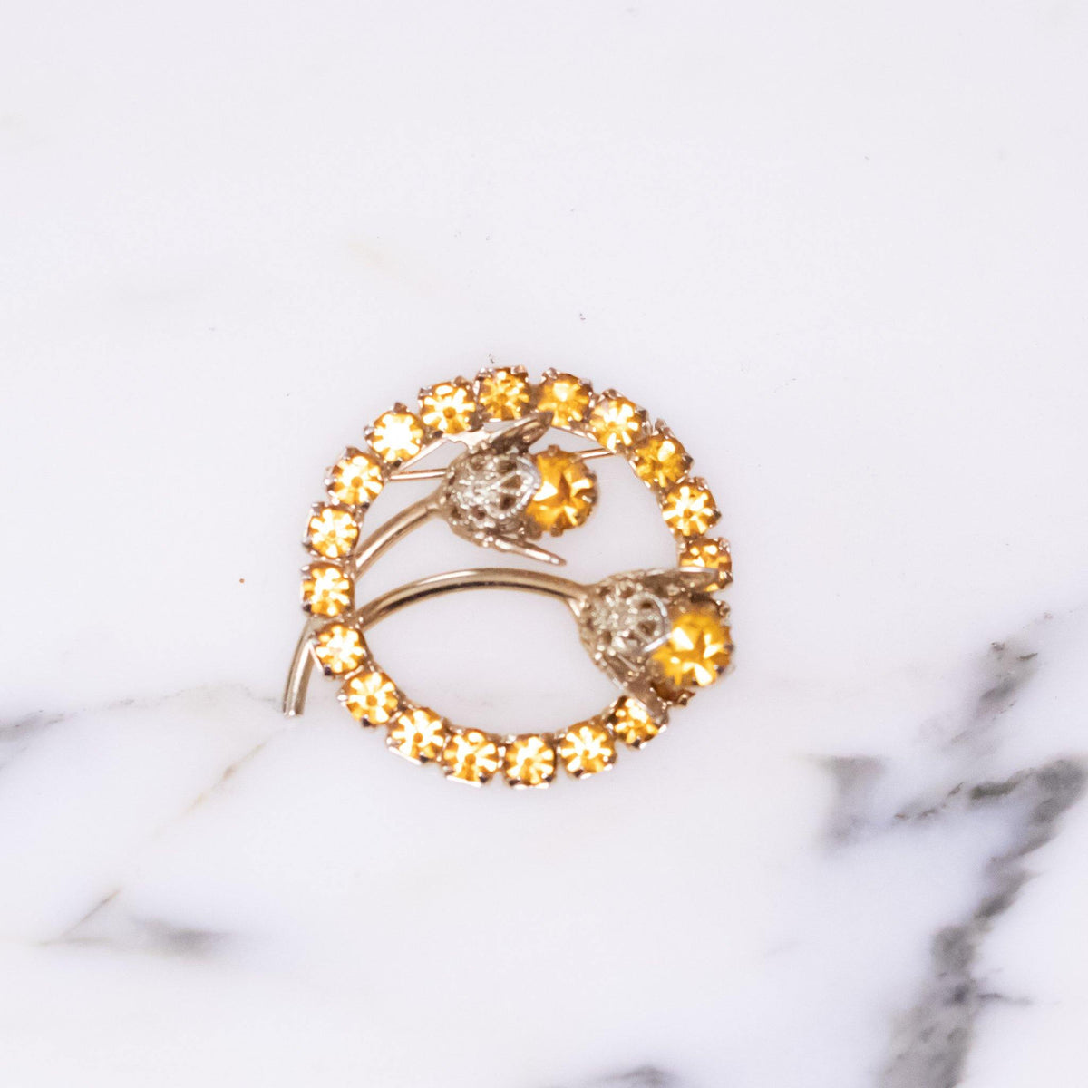 Vintage Petite Medallion Brooch Citrine Rhinestones with Flowers