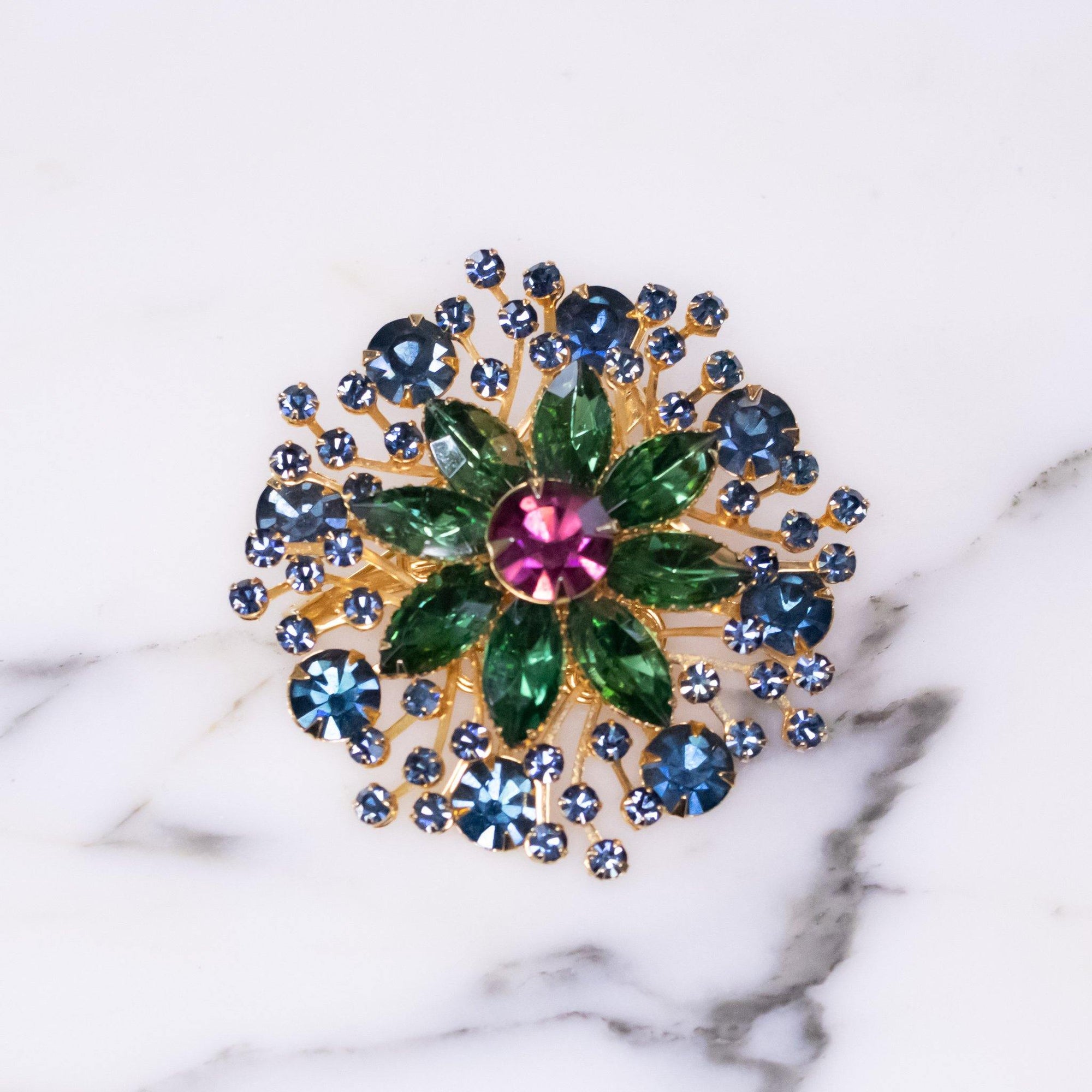 Vintage Jewel Tone Medallion Brooch with Emerald Green, Vibrant Amethyst, and Royal Blue Rhinestones by Vintage Meet Modern - Vintage Meet Modern Vintage Jewelry - Chicago, Illinois - #oldhollywoodglamour #vintagemeetmodern #designervintage #jewelrybox #antiquejewelry #vintagejewelry
