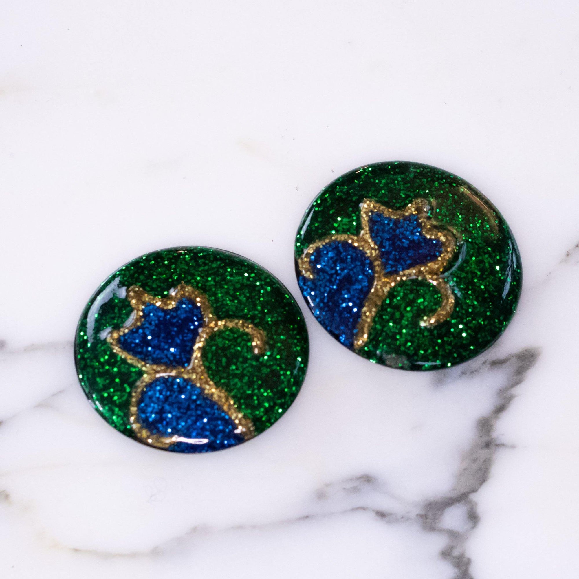 Vintage Statement Earrings, Green, Gold, and Blue Glitter Lucite, Clip-on by 1980s - Vintage Meet Modern Vintage Jewelry - Chicago, Illinois - #oldhollywoodglamour #vintagemeetmodern #designervintage #jewelrybox #antiquejewelry #vintagejewelry