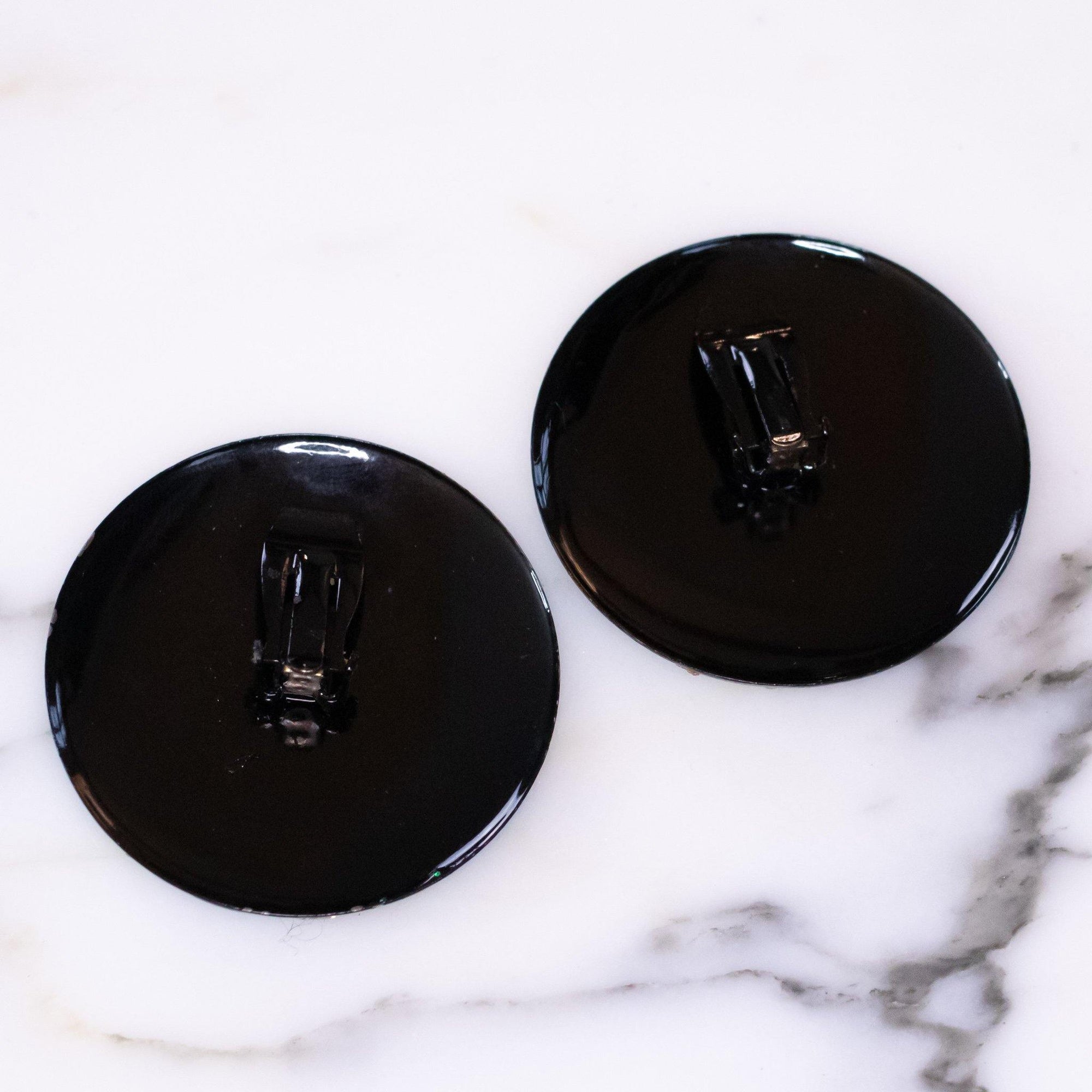 Vintage Statement Earrings, Green, Gold, and Blue Glitter Lucite, Clip-on by 1980s - Vintage Meet Modern Vintage Jewelry - Chicago, Illinois - #oldhollywoodglamour #vintagemeetmodern #designervintage #jewelrybox #antiquejewelry #vintagejewelry