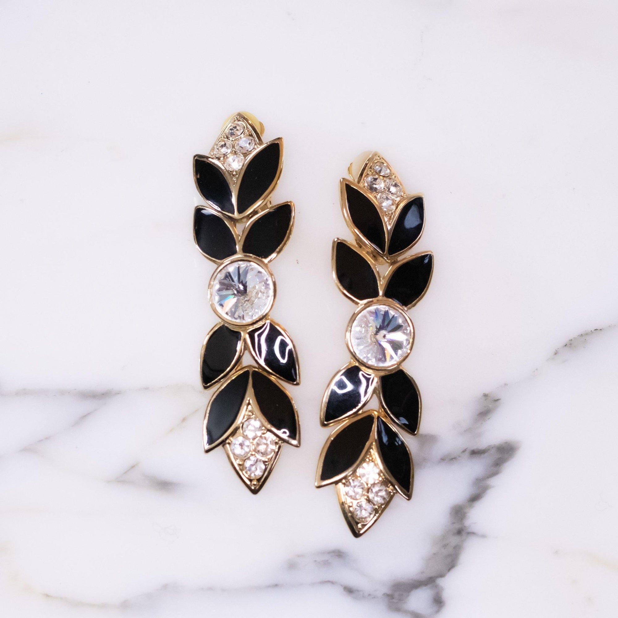 Vintage Bijoux Designs NY Black and Gold Statement Earrings with Crystals by Vintage Meet Modern - Vintage Meet Modern Vintage Jewelry - Chicago, Illinois - #oldhollywoodglamour #vintagemeetmodern #designervintage #jewelrybox #antiquejewelry #vintagejewelry