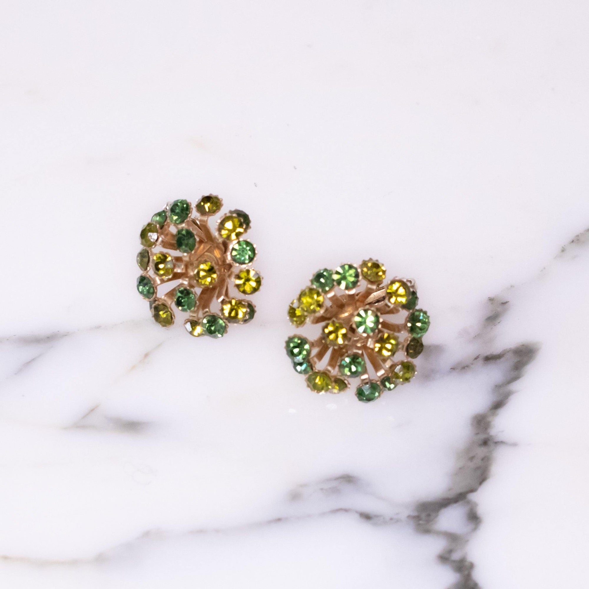 Vintage Shade of Green Starburst Pinwheel Rhinestone Earrings by Vintage Meet Modern - Vintage Meet Modern Vintage Jewelry - Chicago, Illinois - #oldhollywoodglamour #vintagemeetmodern #designervintage #jewelrybox #antiquejewelry #vintagejewelry
