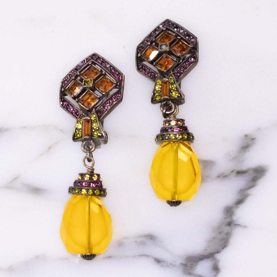 Vintage Heidi Daus Art Deco Style Citrine Crystal Drop Earrings with Amethyst, and Peridot Crystal Accents, Clip On by Heidi Daus - Vintage Meet Modern Vintage Jewelry - Chicago, Illinois - #oldhollywoodglamour #vintagemeetmodern #designervintage #jewelrybox #antiquejewelry #vintagejewelry