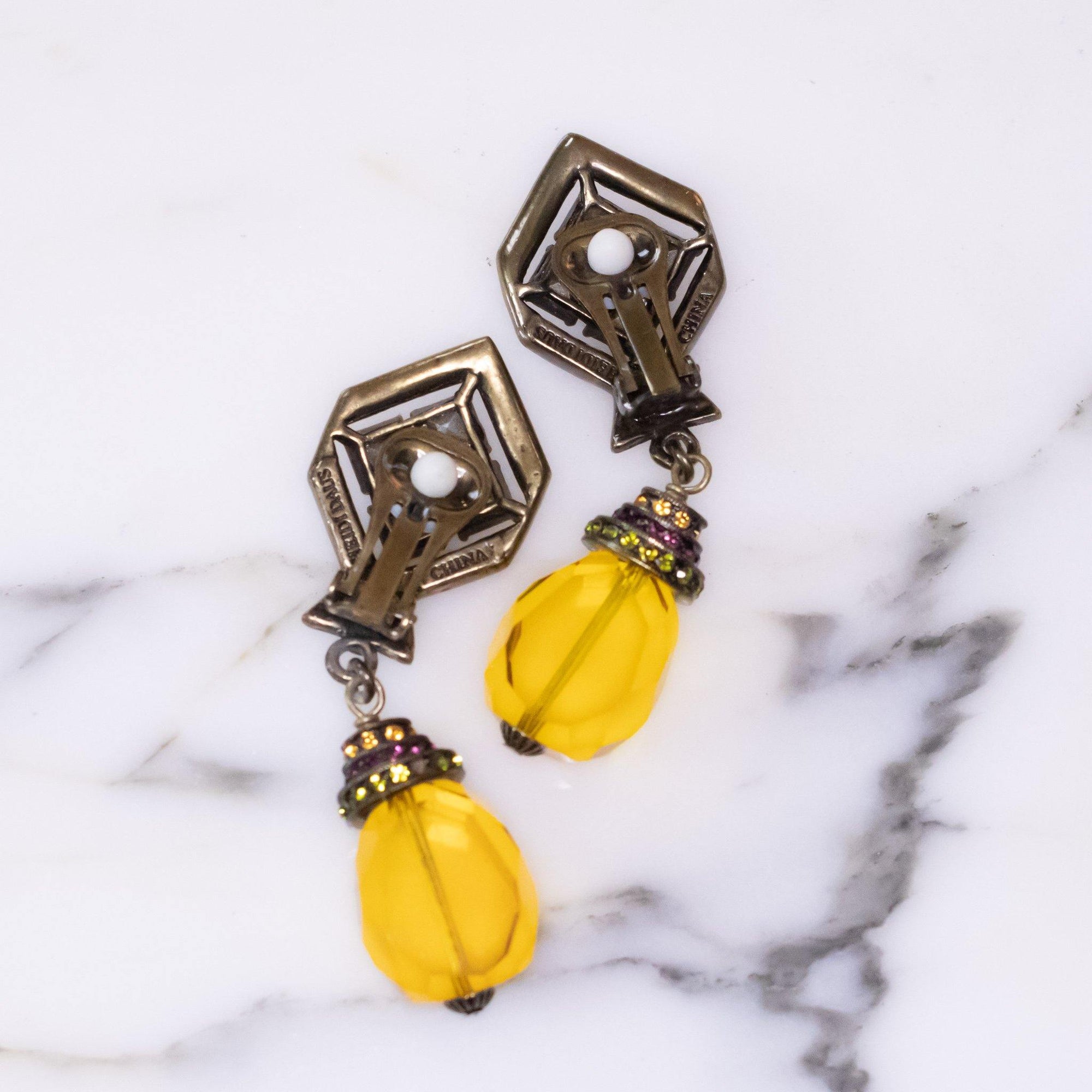 Vintage Heidi Daus Art Deco Style Citrine Crystal Drop Earrings with Amethyst, and Peridot Crystal Accents, Clip On by Heidi Daus - Vintage Meet Modern Vintage Jewelry - Chicago, Illinois - #oldhollywoodglamour #vintagemeetmodern #designervintage #jewelrybox #antiquejewelry #vintagejewelry