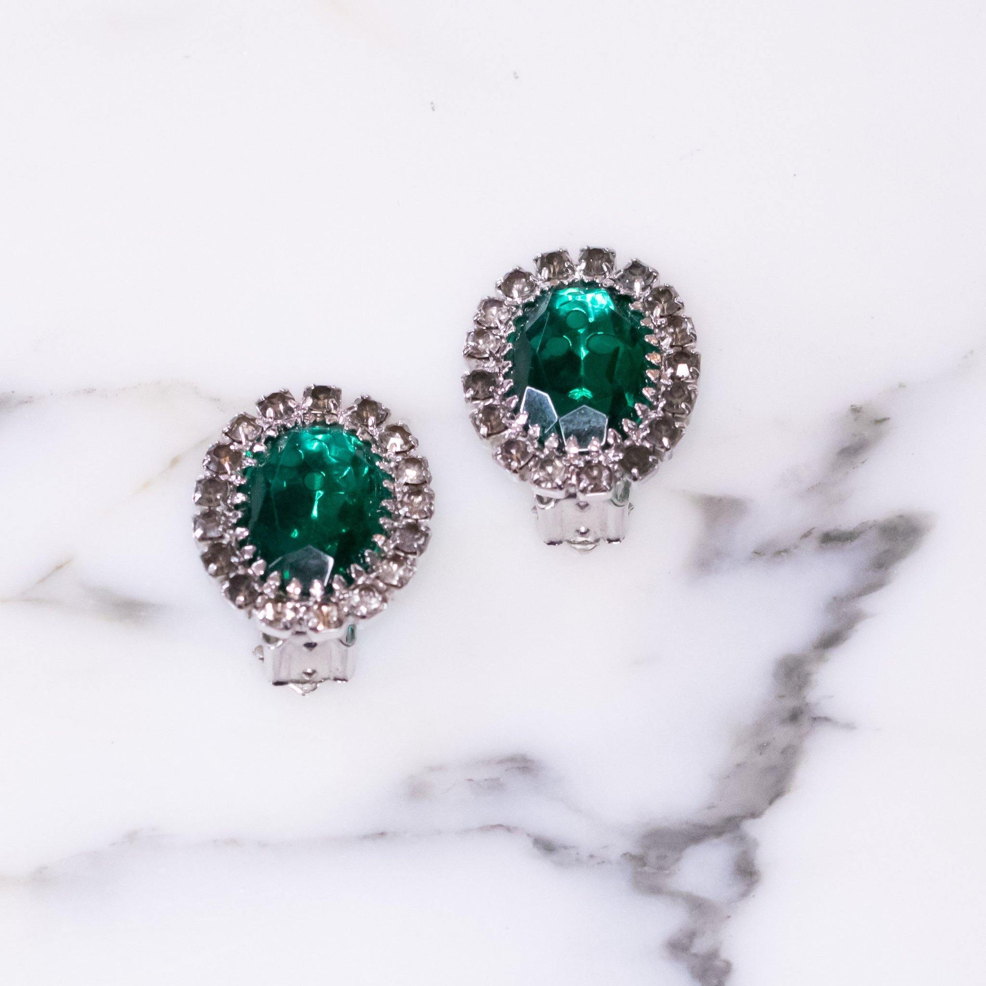 Vintage Emerald Crystal and Smoke Diamante Statement Earrings by Vintage Meet Modern - Vintage Meet Modern Vintage Jewelry - Chicago, Illinois - #oldhollywoodglamour #vintagemeetmodern #designervintage #jewelrybox #antiquejewelry #vintagejewelry