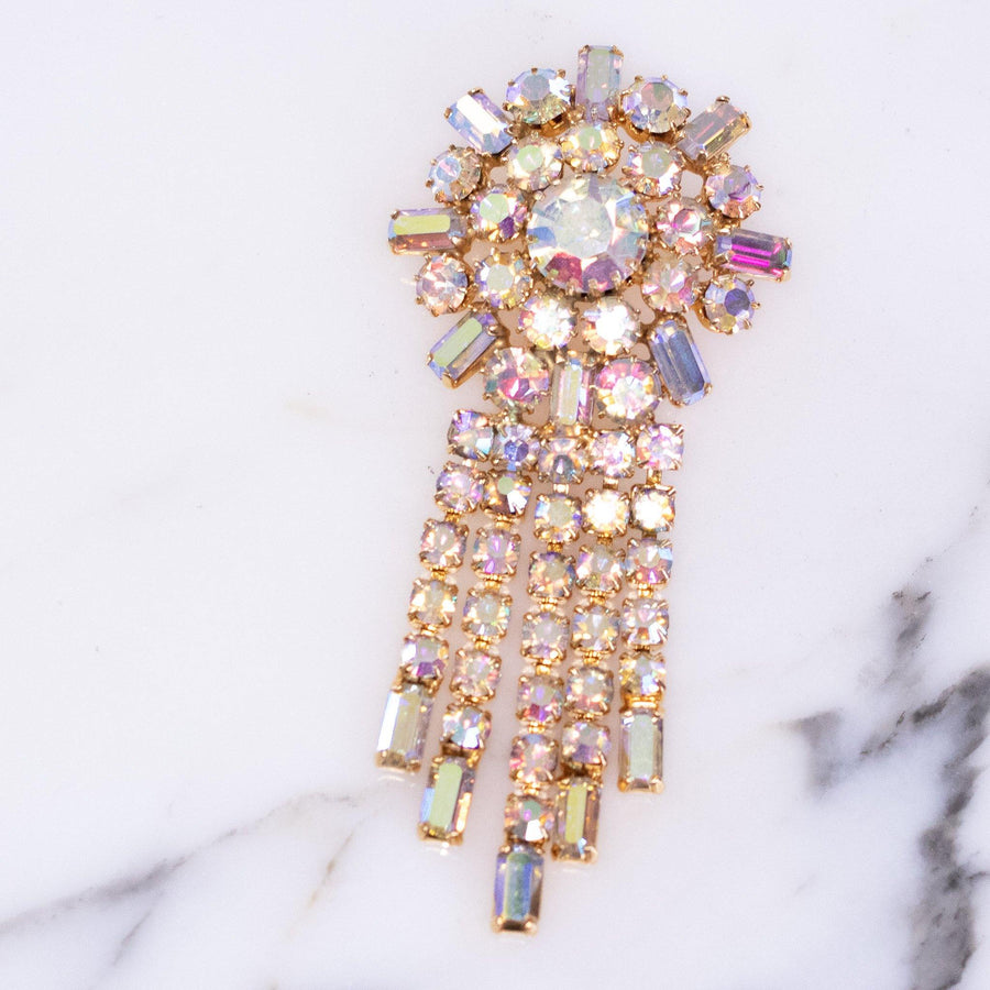 Vintage 1950s Sparkling Aurora Borealis Brooch with Rhinestone Tassels by Vintage Meet Modern - Vintage Meet Modern Vintage Jewelry - Chicago, Illinois - #oldhollywoodglamour #vintagemeetmodern #designervintage #jewelrybox #antiquejewelry #vintagejewelry
